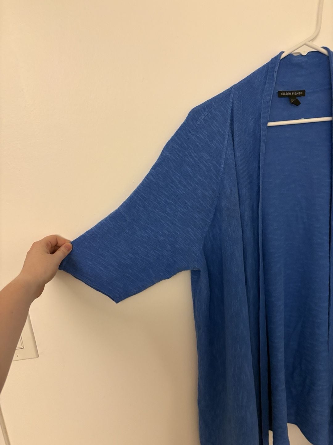 Eileen Fisher Linen Blend Longline Short Sleeve Cardigan Size XL Open Front Blue 4