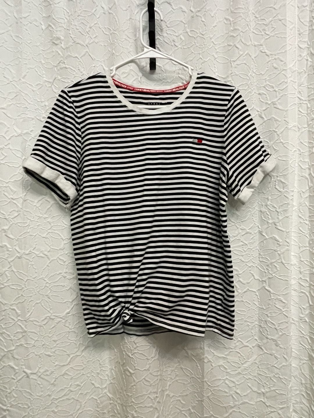 Tommy Hilfiger Sport Black White Striped Front Knot T Shirt Large L Embroidered 2