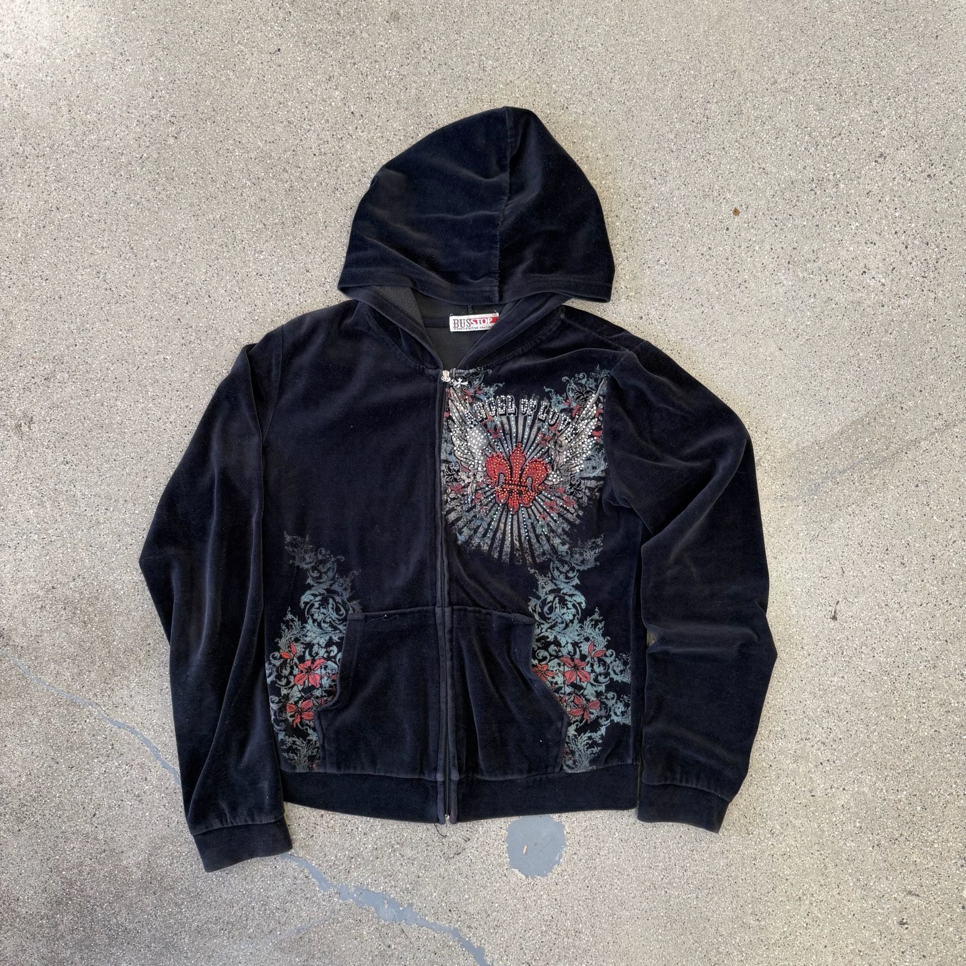 Bus Stop Rhinestone Velour Zip Up Hoodie Black Size Large 2