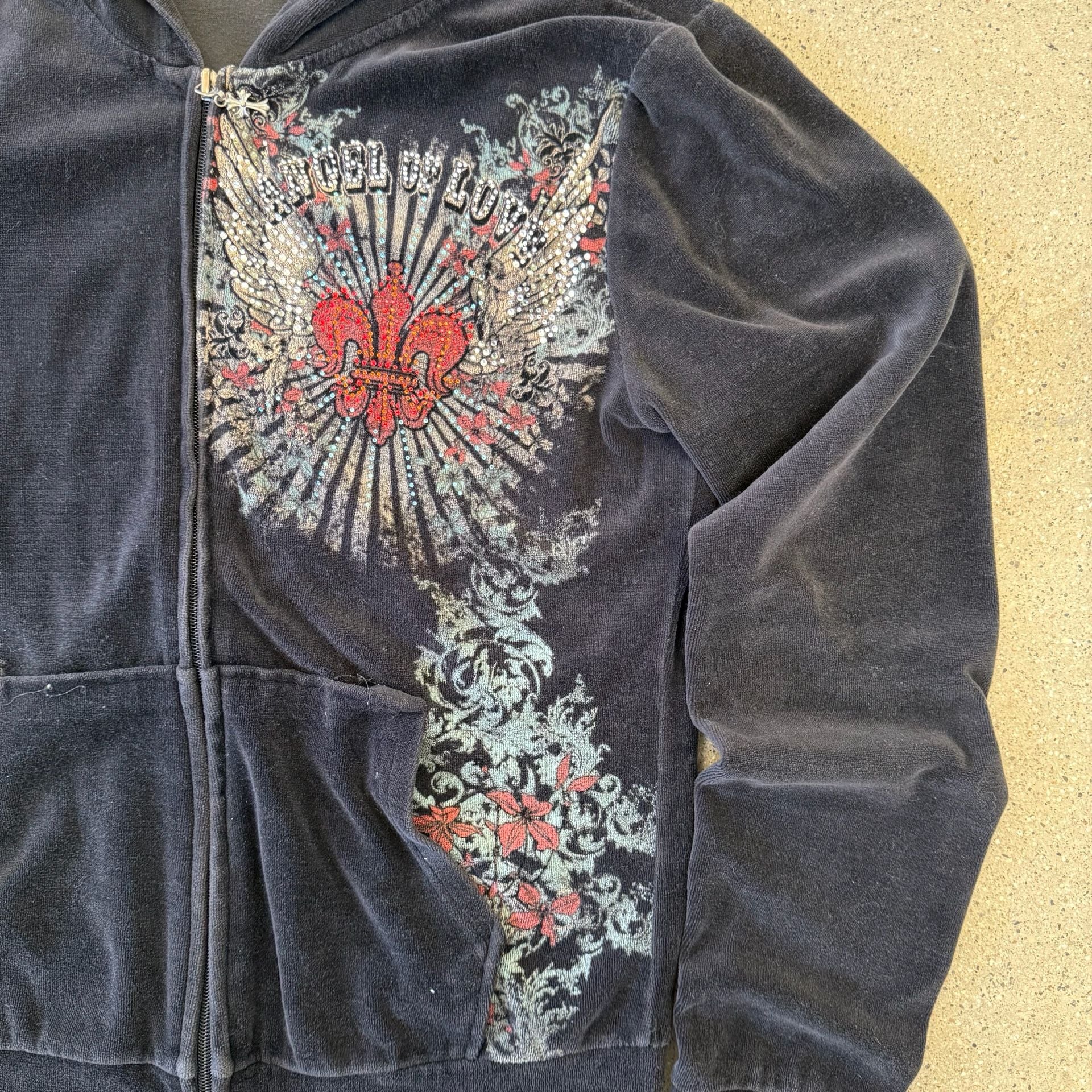Bus Stop Rhinestone Velour Zip Up Hoodie Black Size Large 4