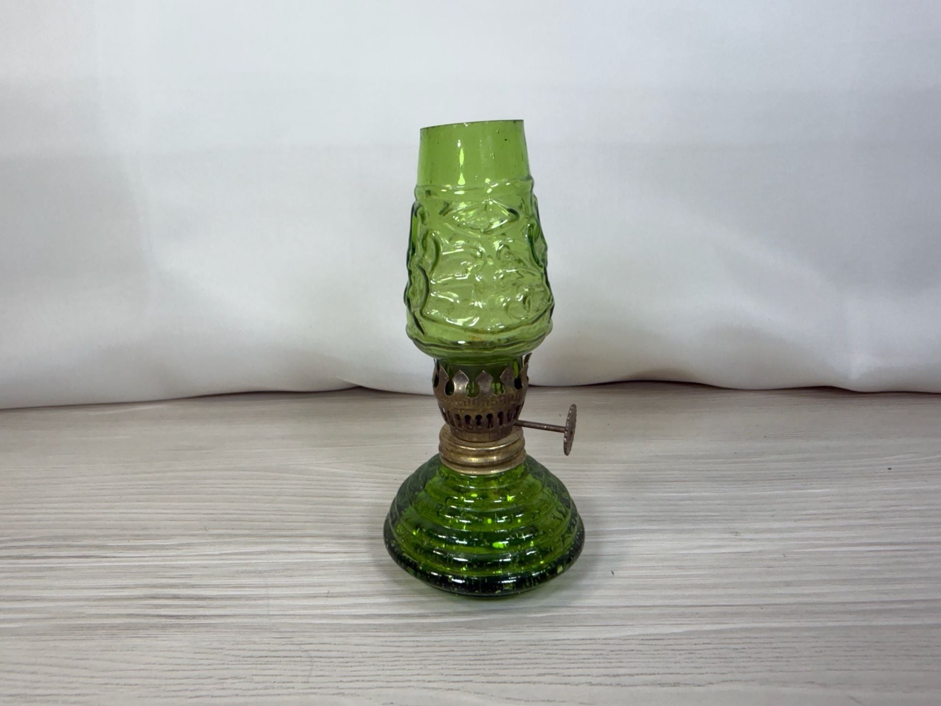 Vintage Green Glass Miniature Oil Lamp 4.5" Emerald Embossed Chimney 1