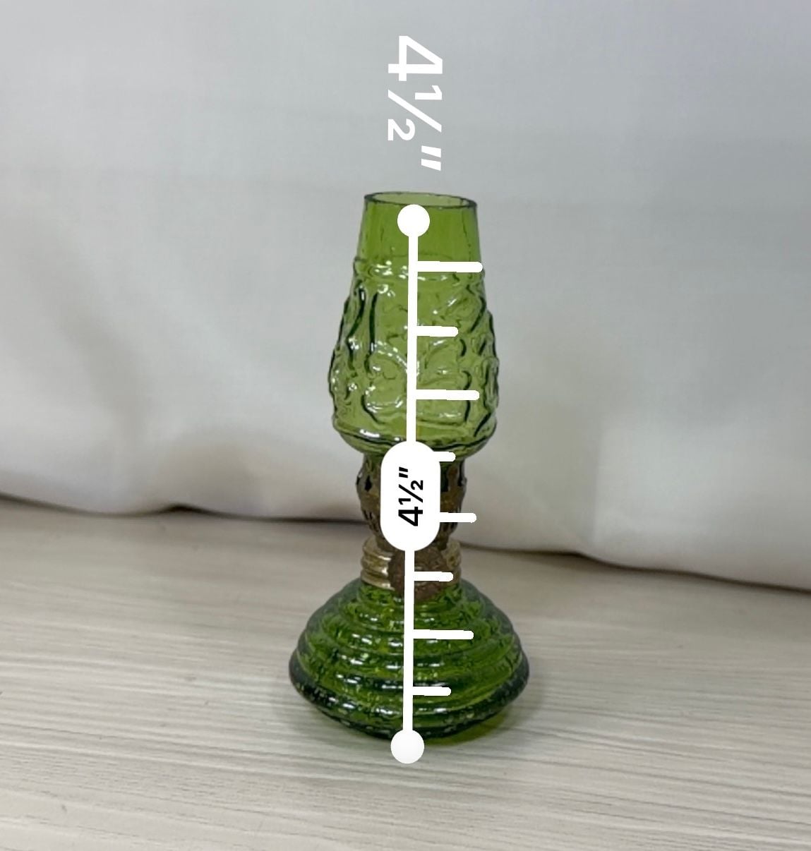 Vintage Green Glass Miniature Oil Lamp 4.5" Emerald Embossed Chimney 2