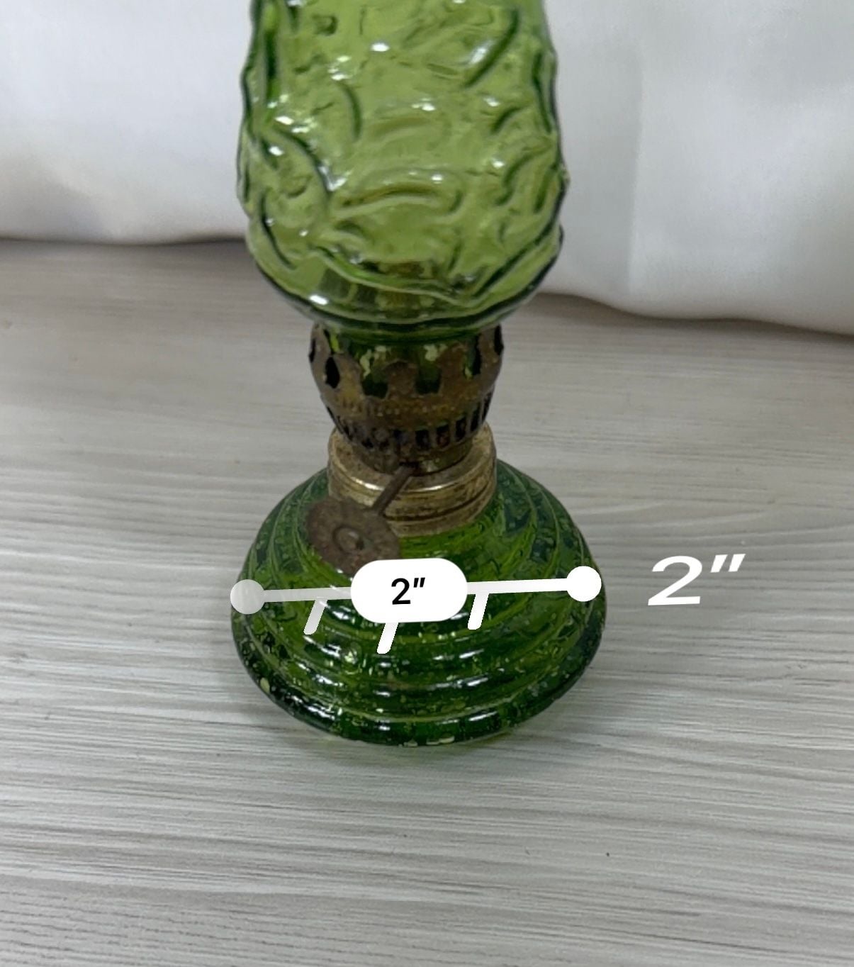 Vintage Green Glass Miniature Oil Lamp 4.5" Emerald Embossed Chimney 3