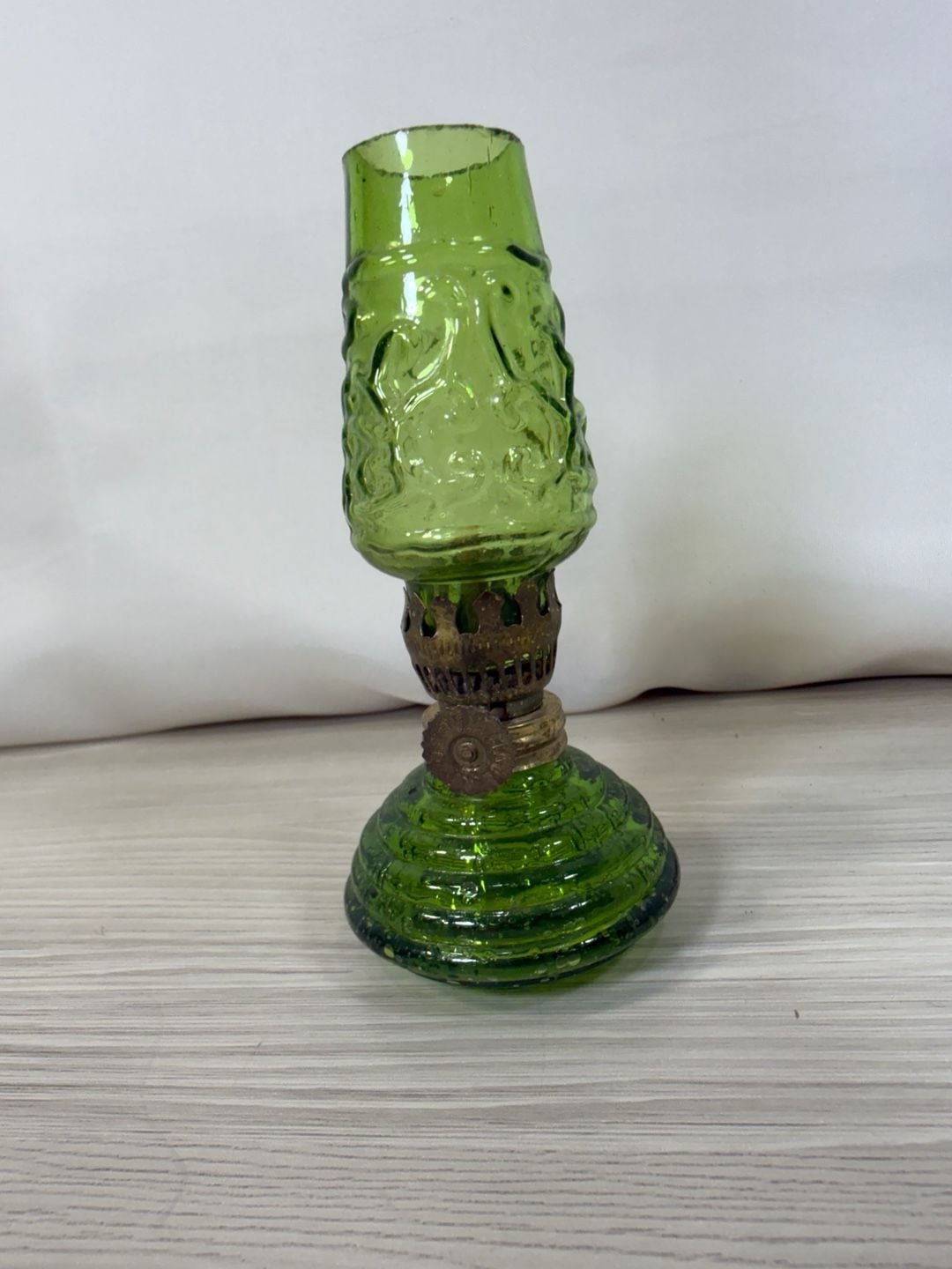 Vintage Green Glass Miniature Oil Lamp 4.5" Emerald Embossed Chimney 4