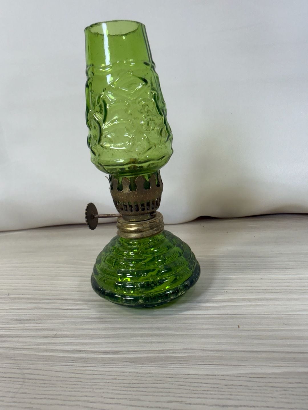 Vintage Green Glass Miniature Oil Lamp 4.5" Emerald Embossed Chimney 5