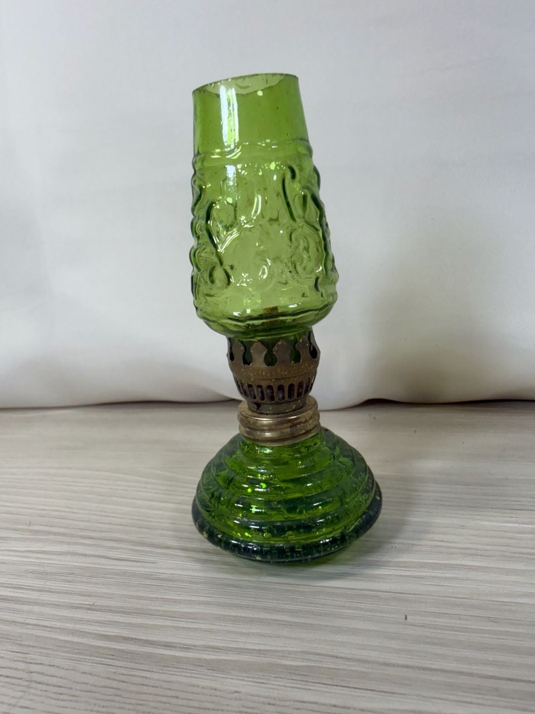 Vintage Green Glass Miniature Oil Lamp 4.5" Emerald Embossed Chimney 6