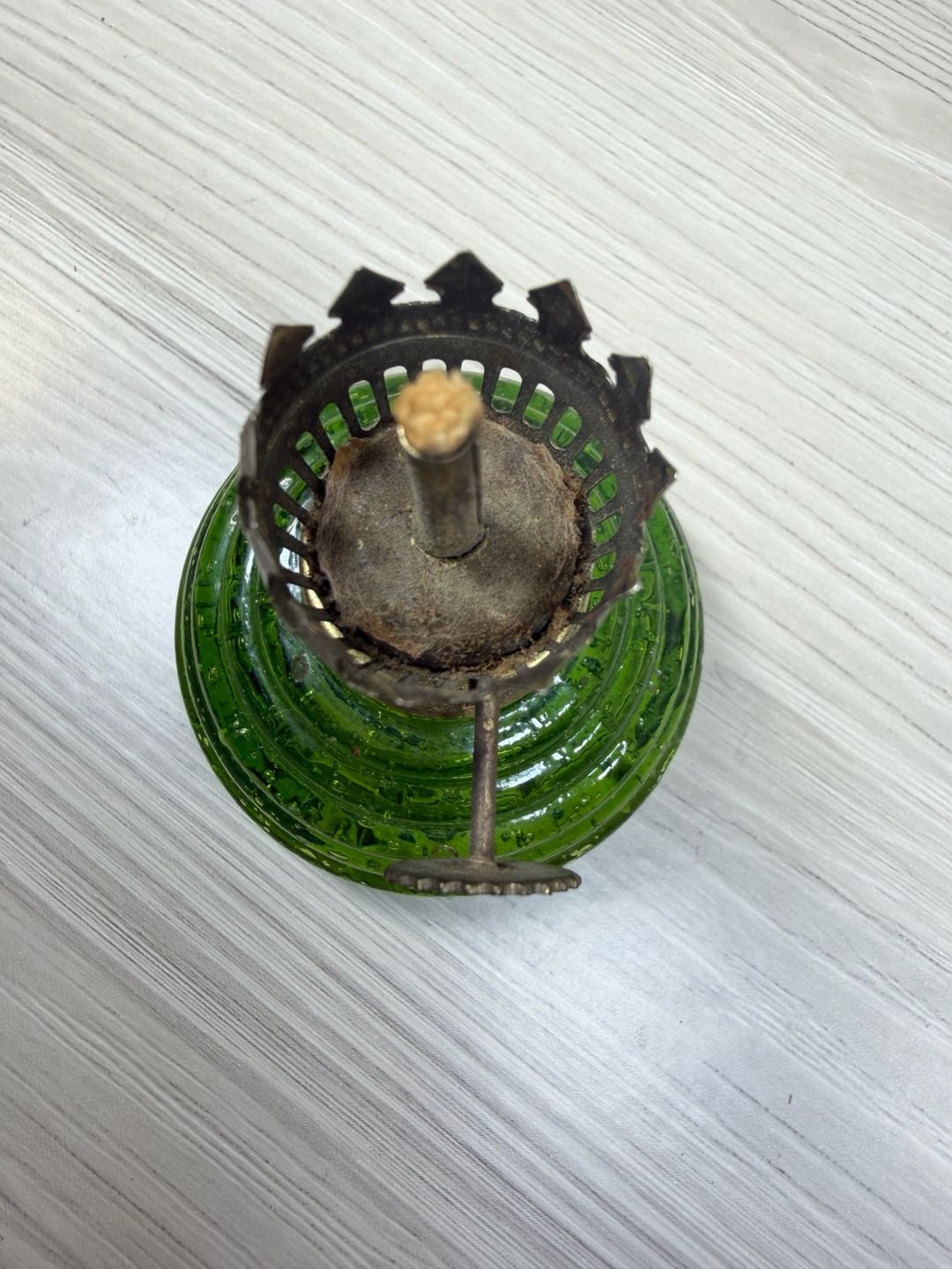 Vintage Green Glass Miniature Oil Lamp 4.5" Emerald Embossed Chimney 8