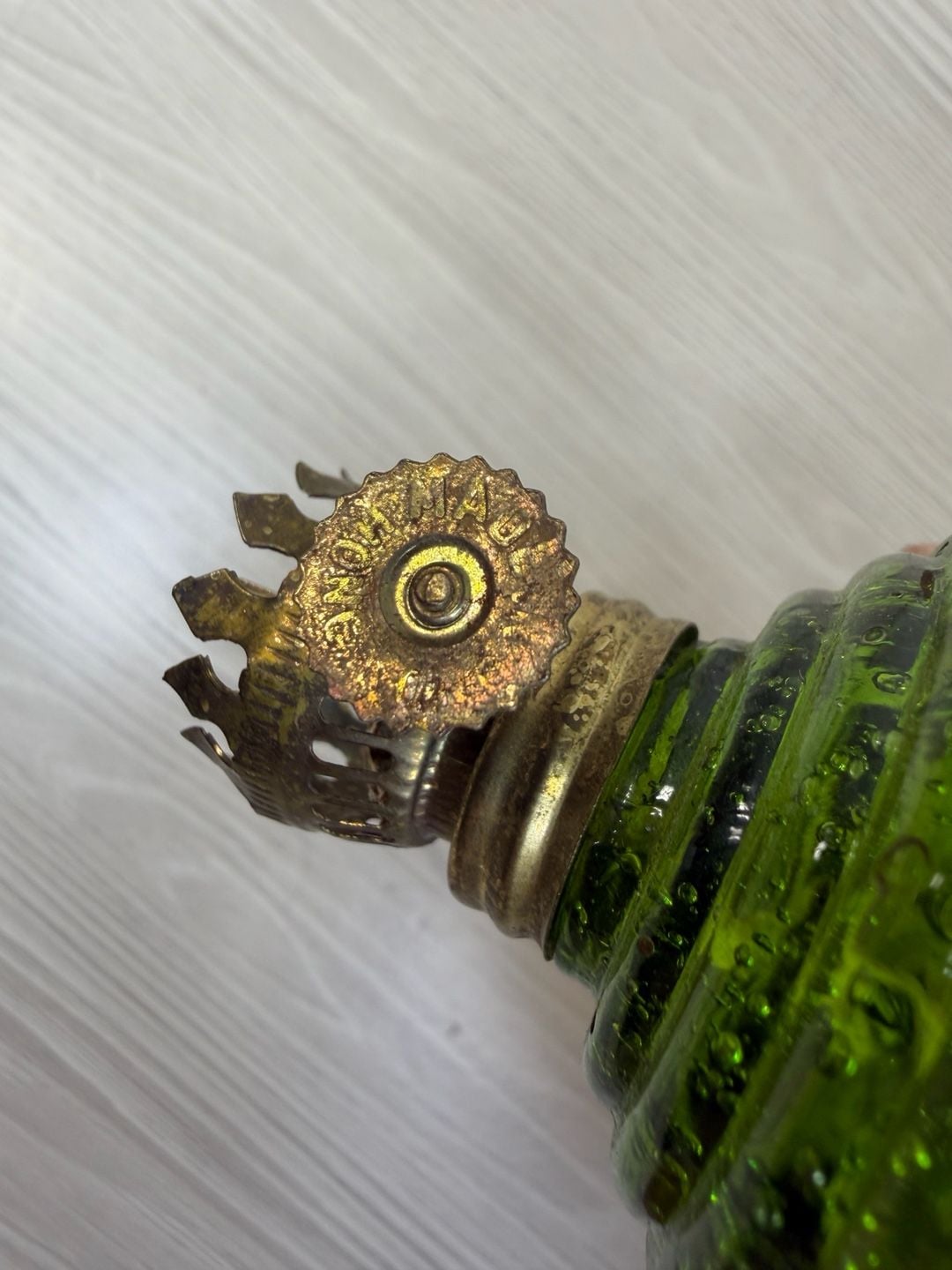 Vintage Green Glass Miniature Oil Lamp 4.5" Emerald Embossed Chimney 9