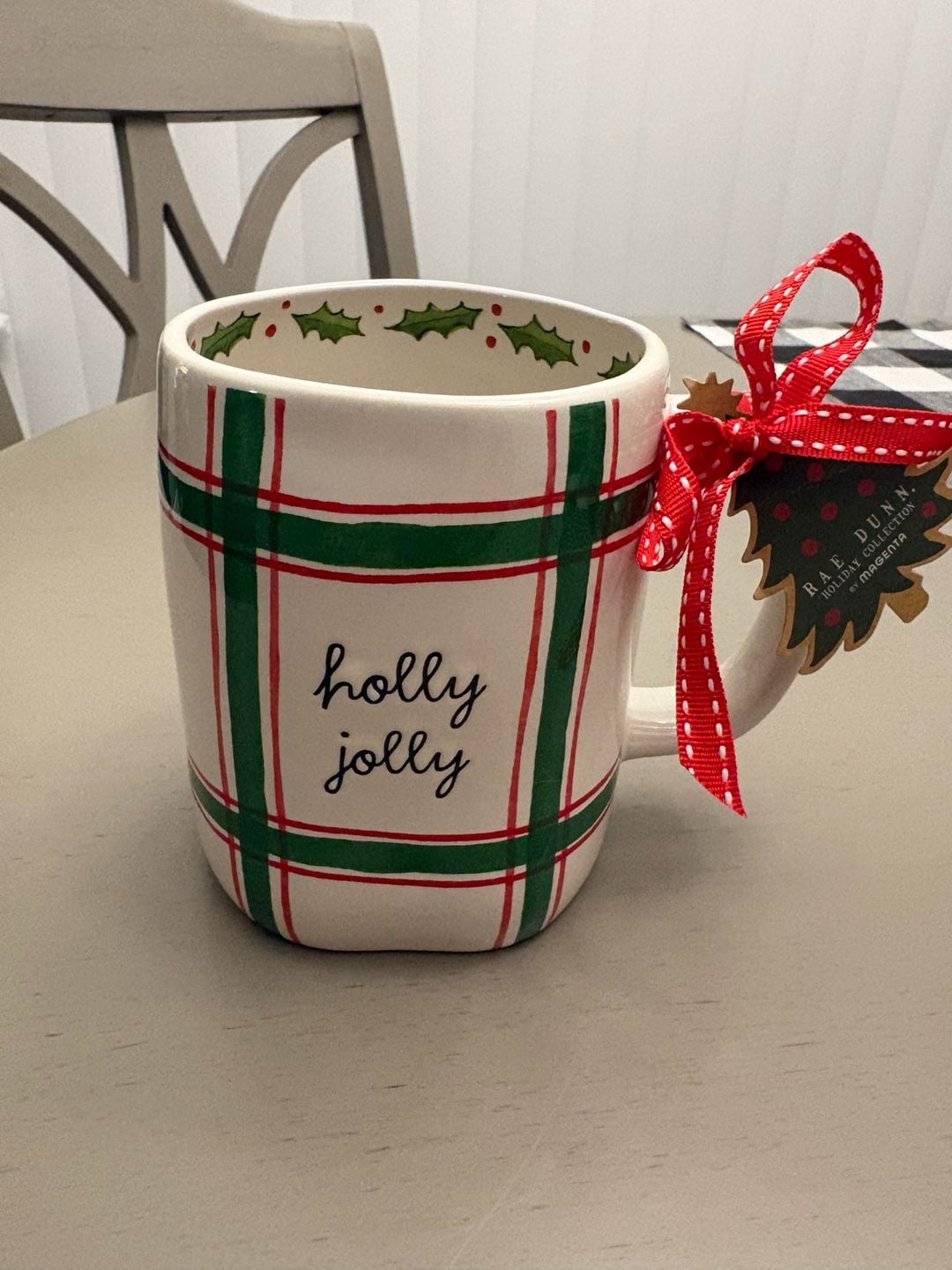 Rae Dunn Artisan Collection Holly Jolly Christmas Mug Plaid Ribbon 1