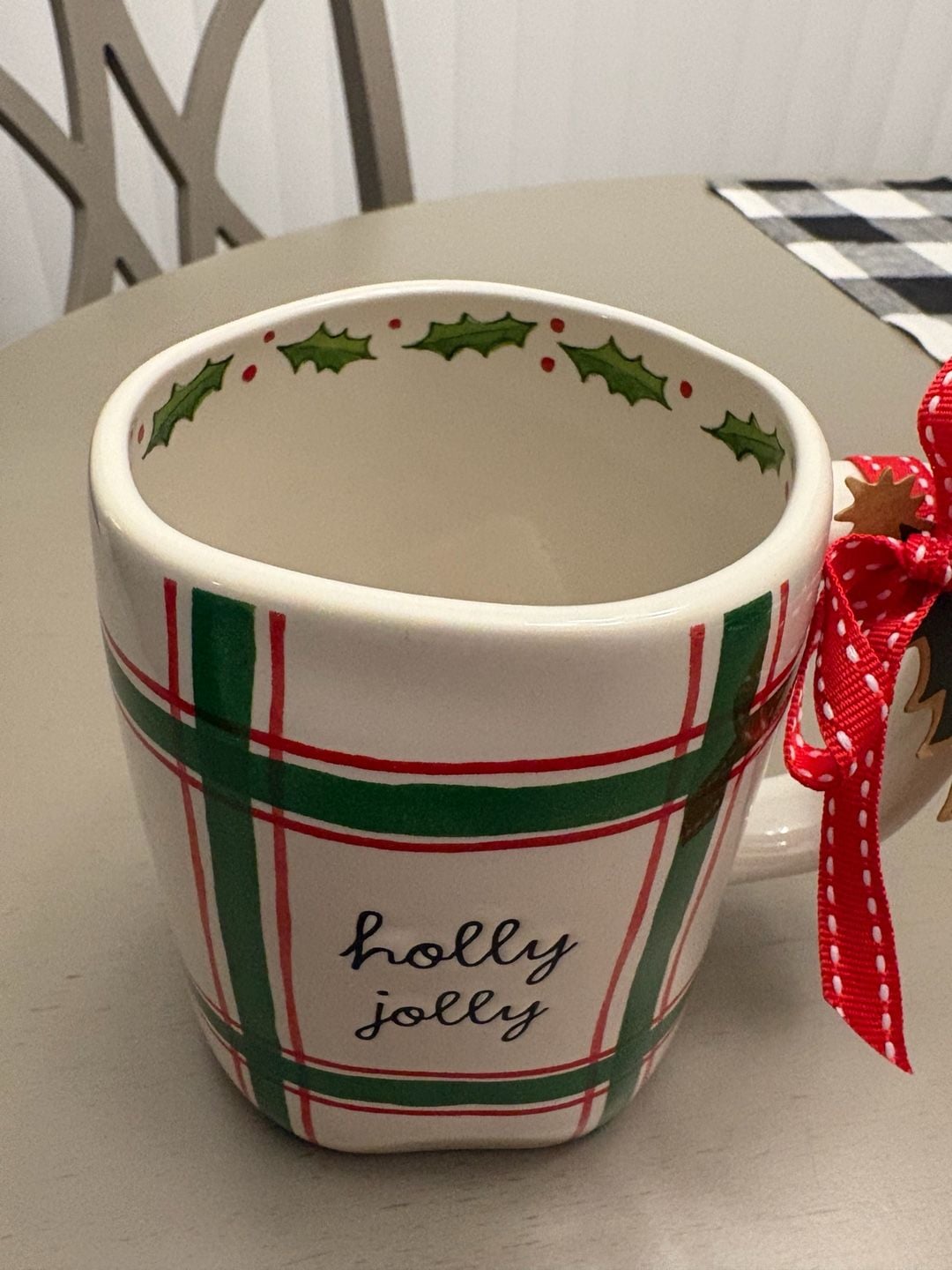 Rae Dunn Artisan Collection Holly Jolly Christmas Mug Plaid Ribbon 2