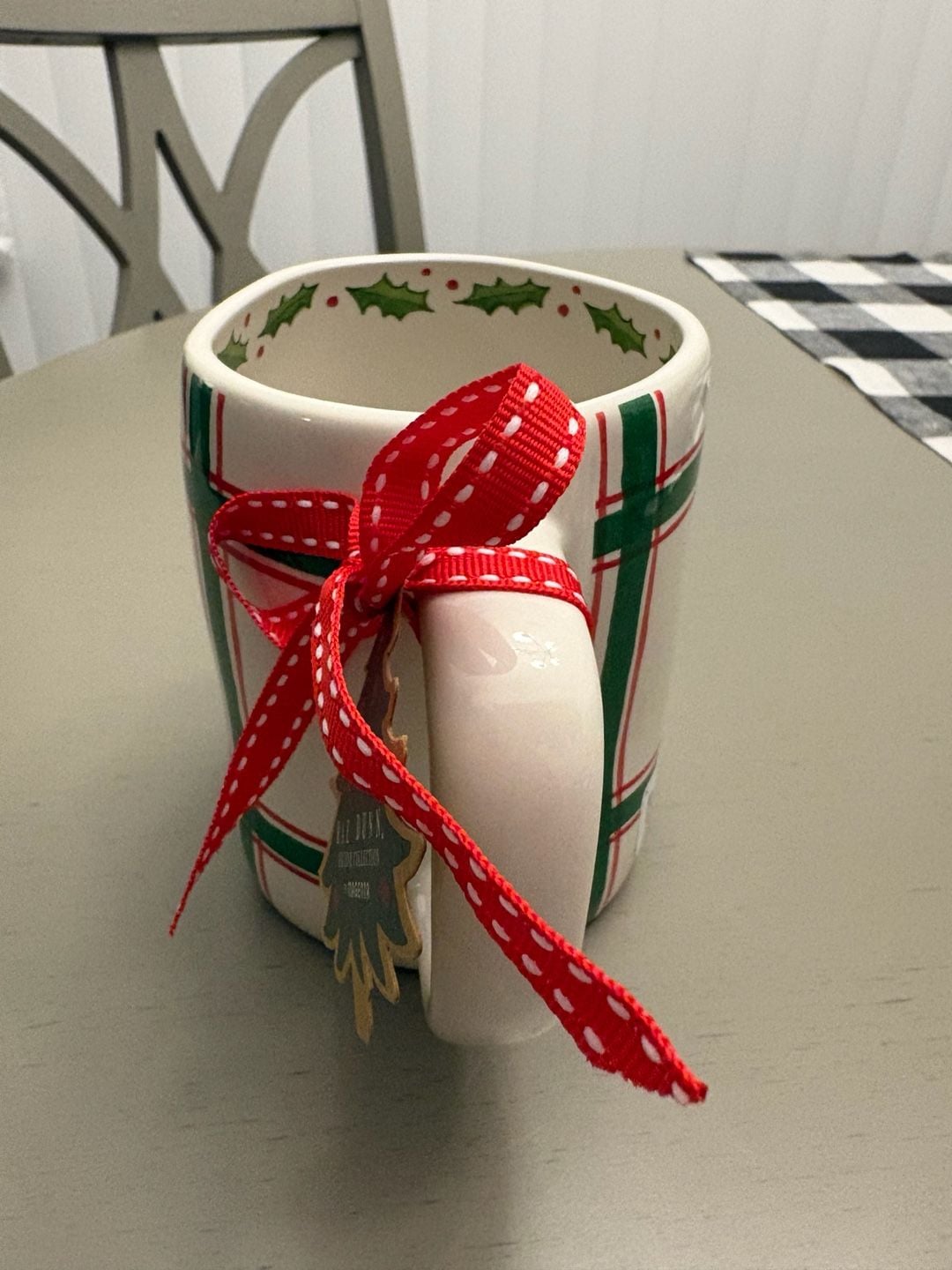 Rae Dunn Artisan Collection Holly Jolly Christmas Mug Plaid Ribbon 3