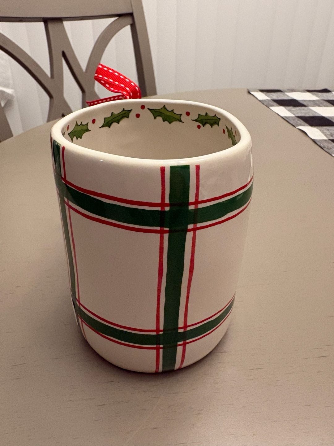 Rae Dunn Artisan Collection Holly Jolly Christmas Mug Plaid Ribbon 4