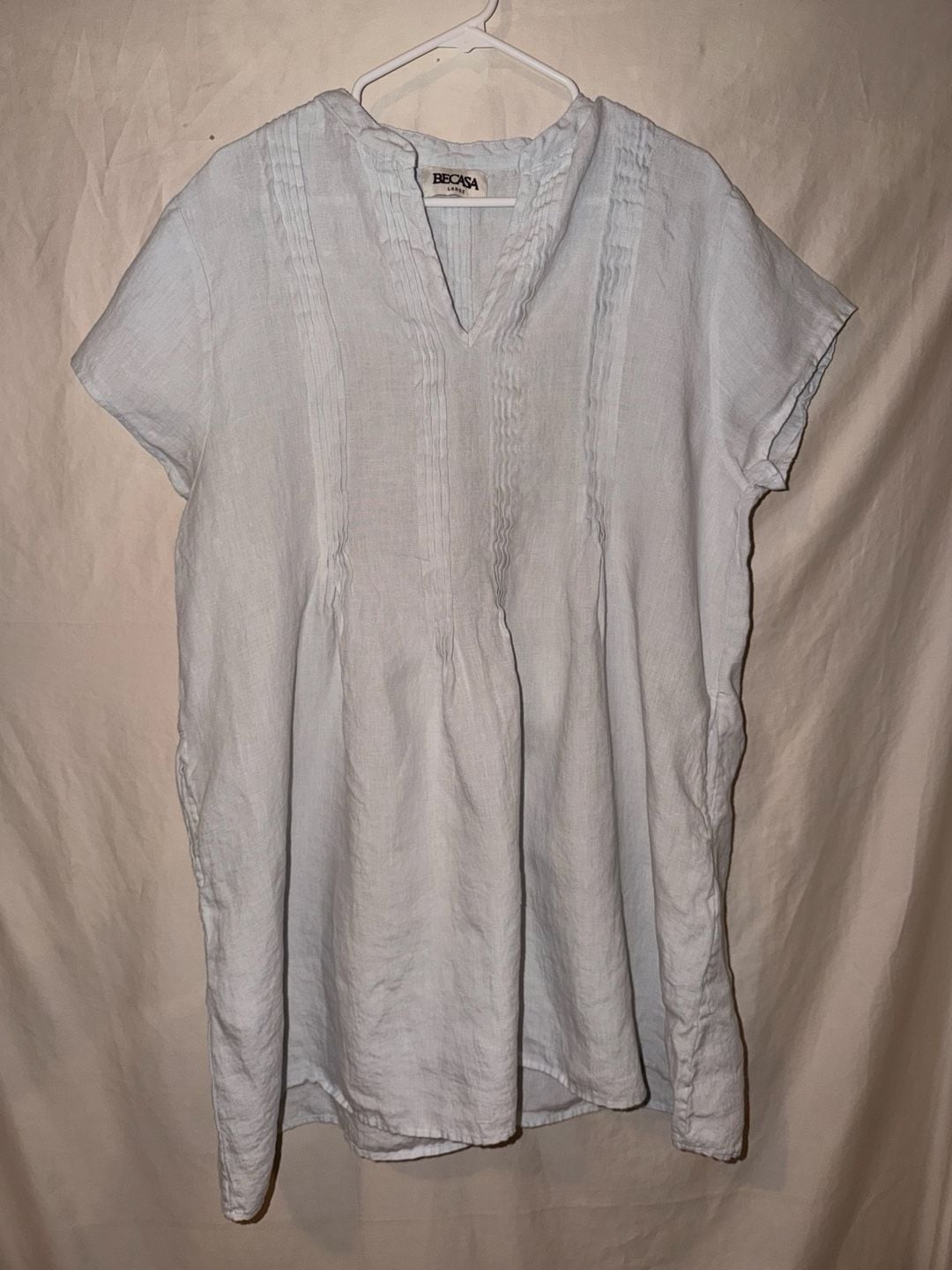 Becasa 100% Linen Tunic Dress Size Large Light Blue Pleated V-Neck 2