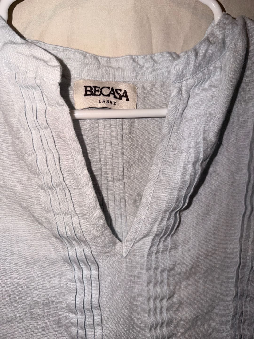 Becasa 100% Linen Tunic Dress Size Large Light Blue Pleated V-Neck 3