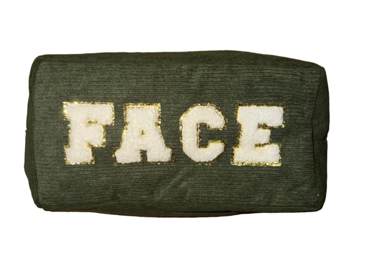 Face Corduroy Makeup Pouch Green Gold Letters 2