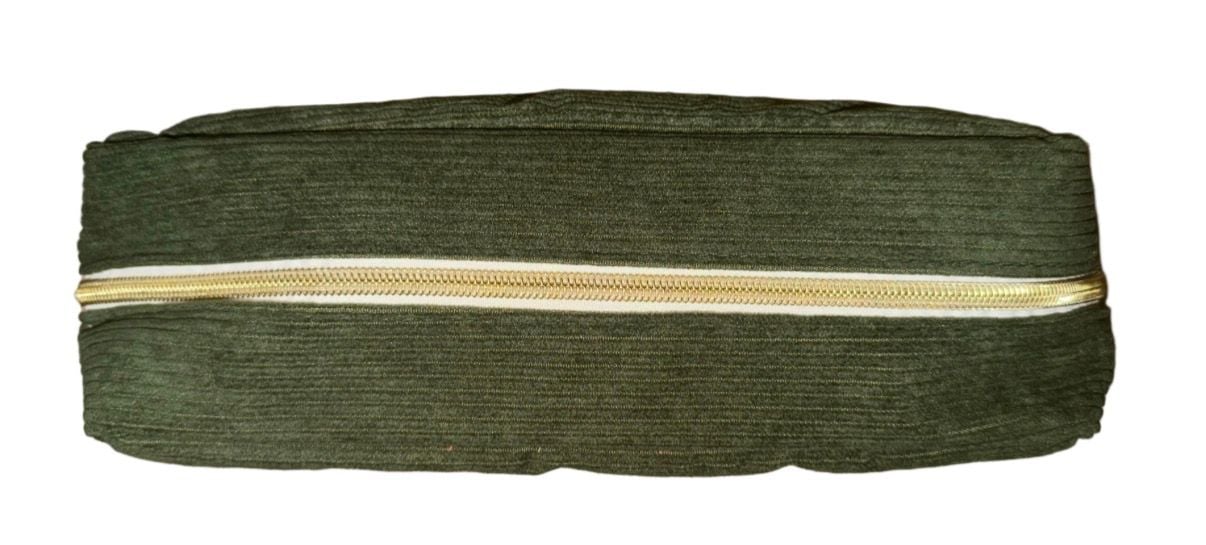 Face Corduroy Makeup Pouch Green Gold Letters 4