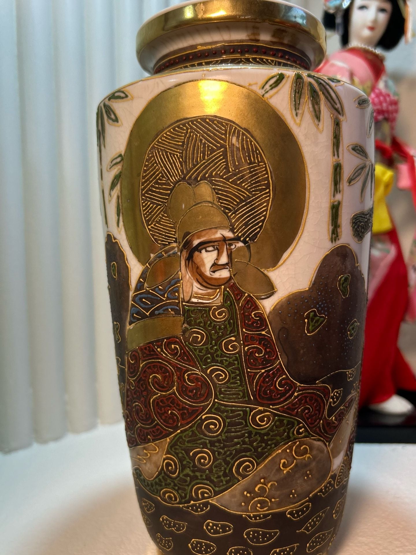 Vintage Japanese Satsuma Hand Painted Ceramic Figural Vase Gold Accent 2