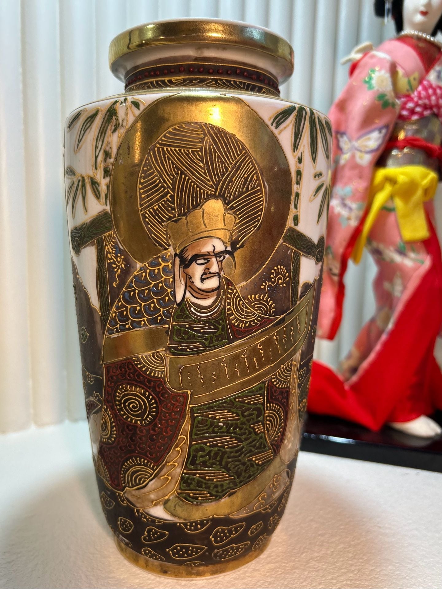 Vintage Japanese Satsuma Hand Painted Ceramic Figural Vase Gold Accent 3