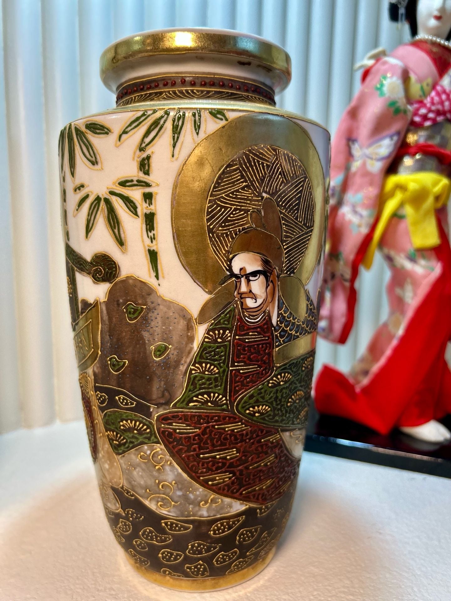 Vintage Japanese Satsuma Hand Painted Ceramic Figural Vase Gold Accent 4