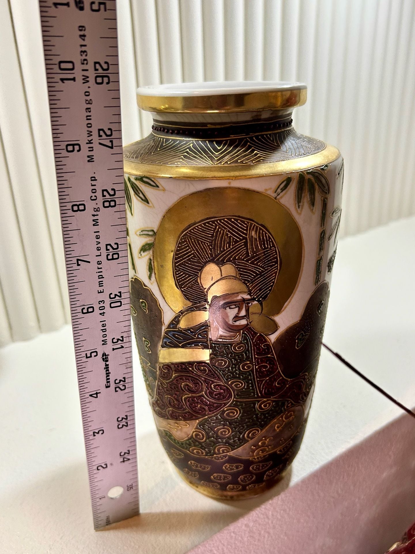 Vintage Japanese Satsuma Hand Painted Ceramic Figural Vase Gold Accent 6