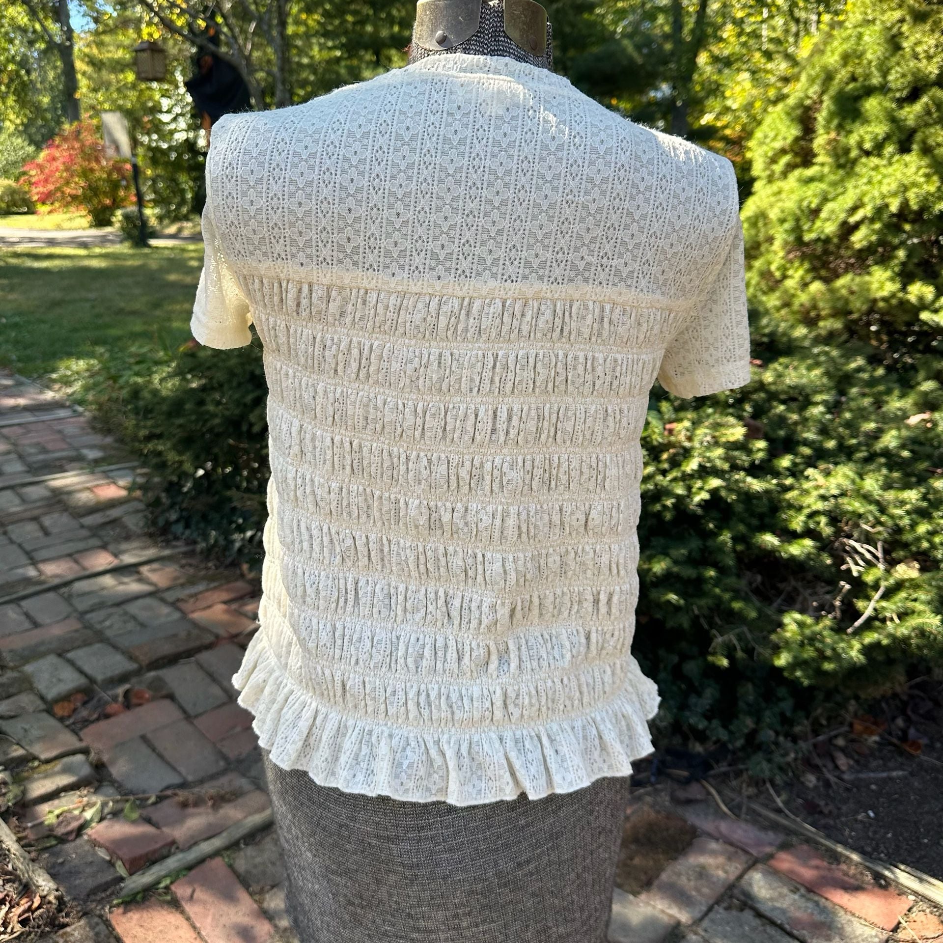 Bohme Lace Top Cream Short Sleeve Smocked Ruffle Cottagecore 4