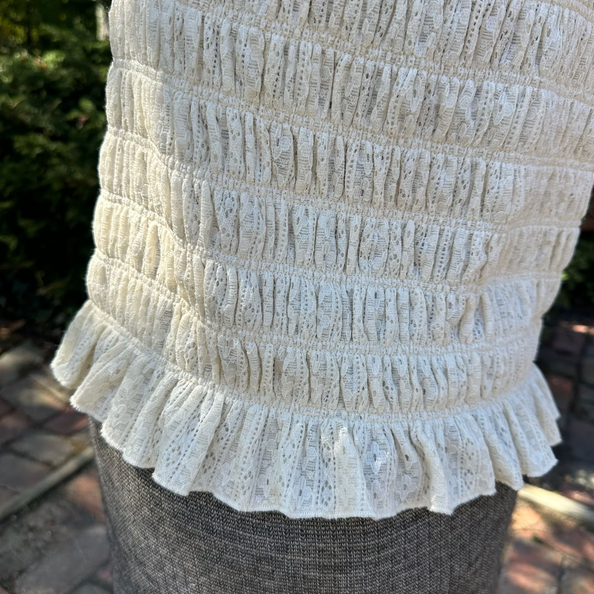 Bohme Lace Top Cream Short Sleeve Smocked Ruffle Cottagecore 5