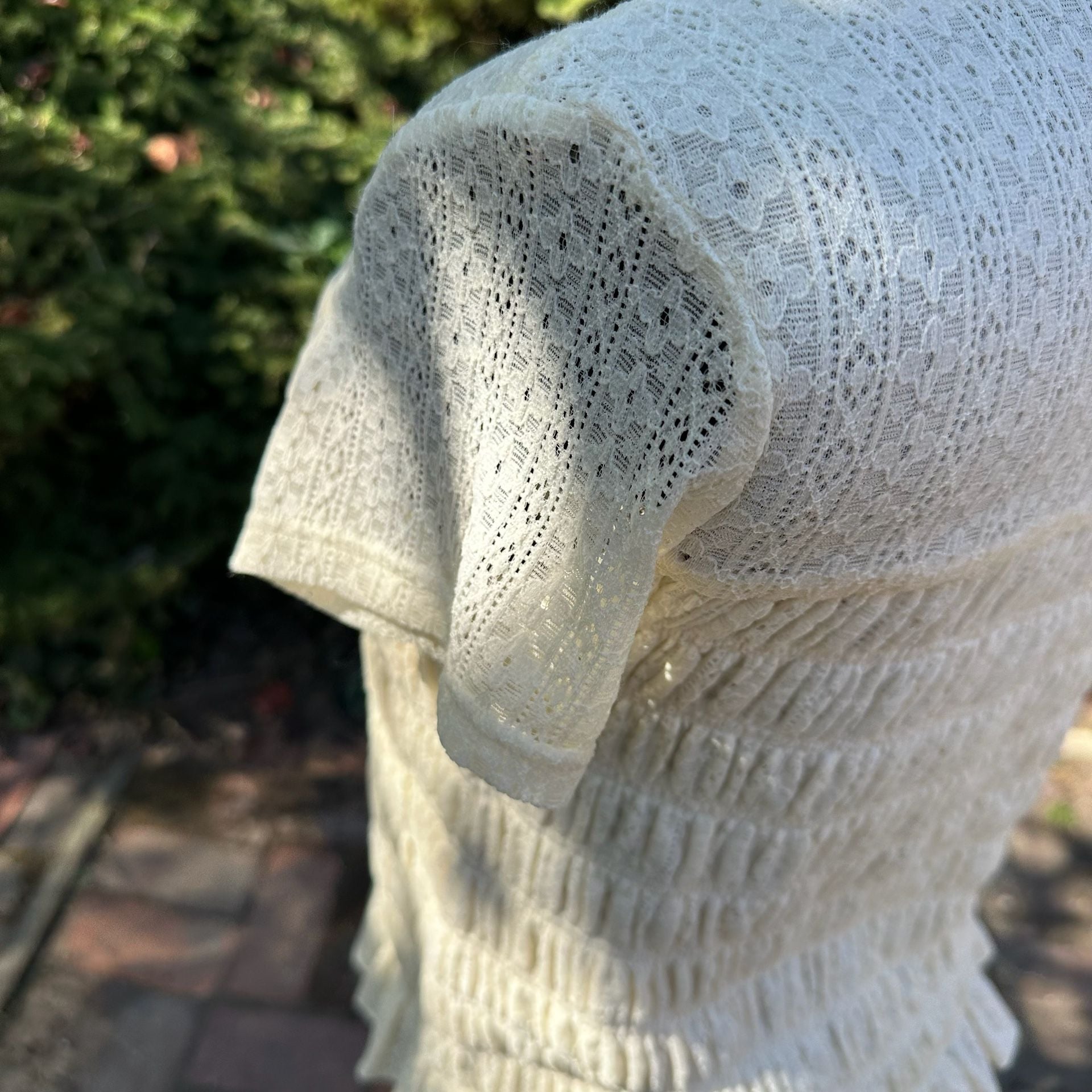 Bohme Lace Top Cream Short Sleeve Smocked Ruffle Cottagecore 6