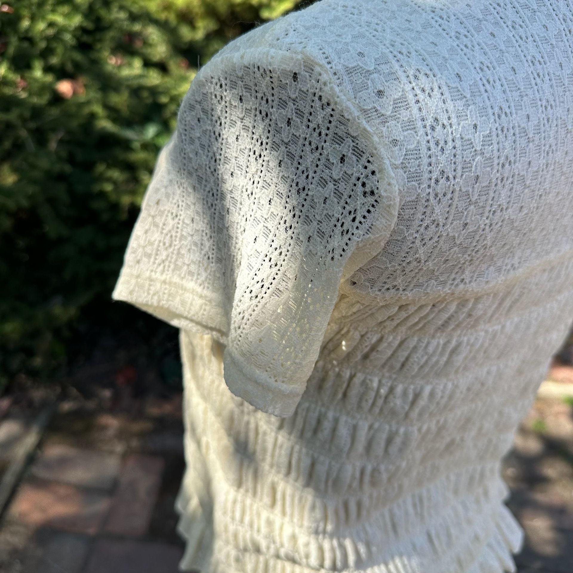 Bohme Lace Top Cream Short Sleeve Smocked Ruffle Cottagecore 7