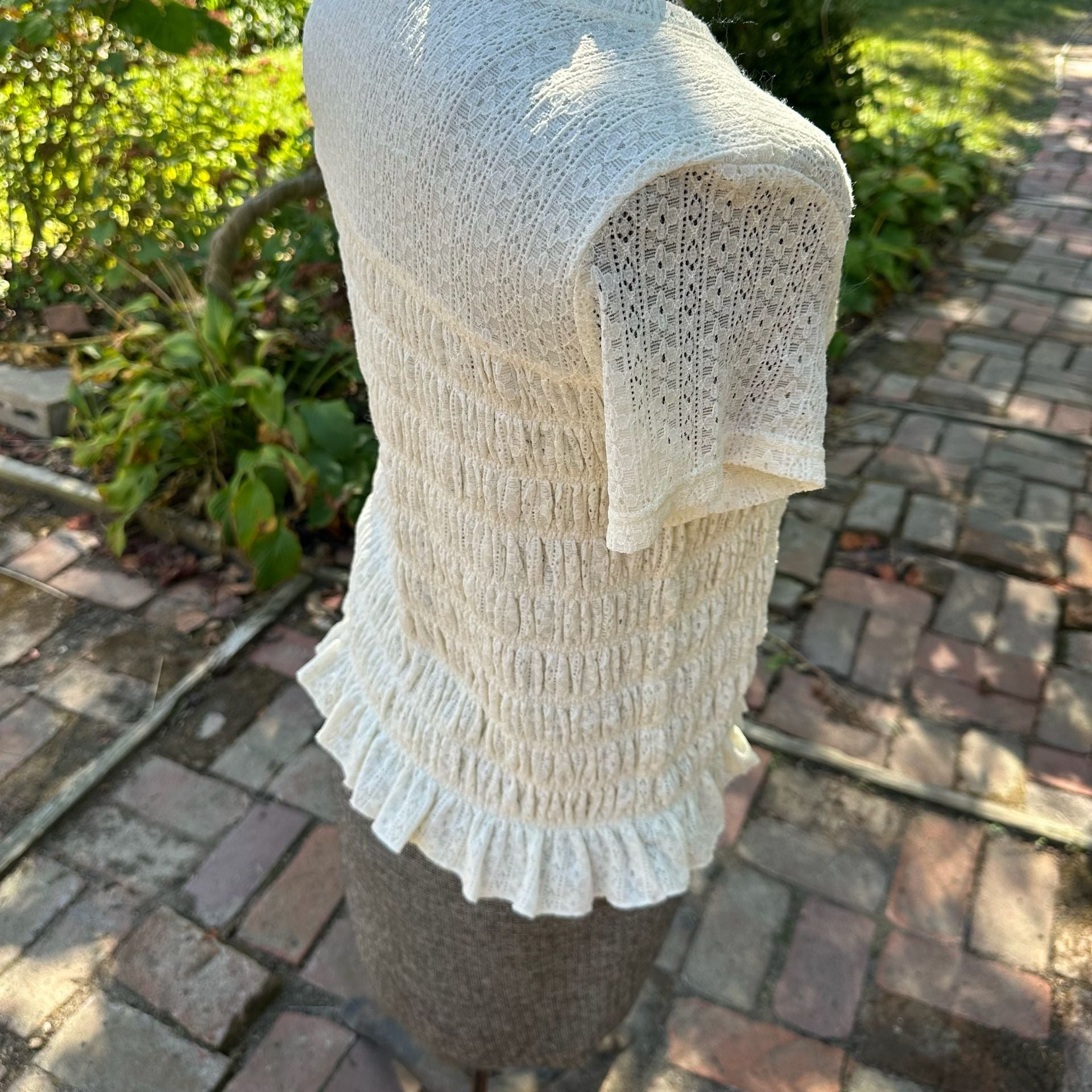 Bohme Lace Top Cream Short Sleeve Smocked Ruffle Cottagecore 8