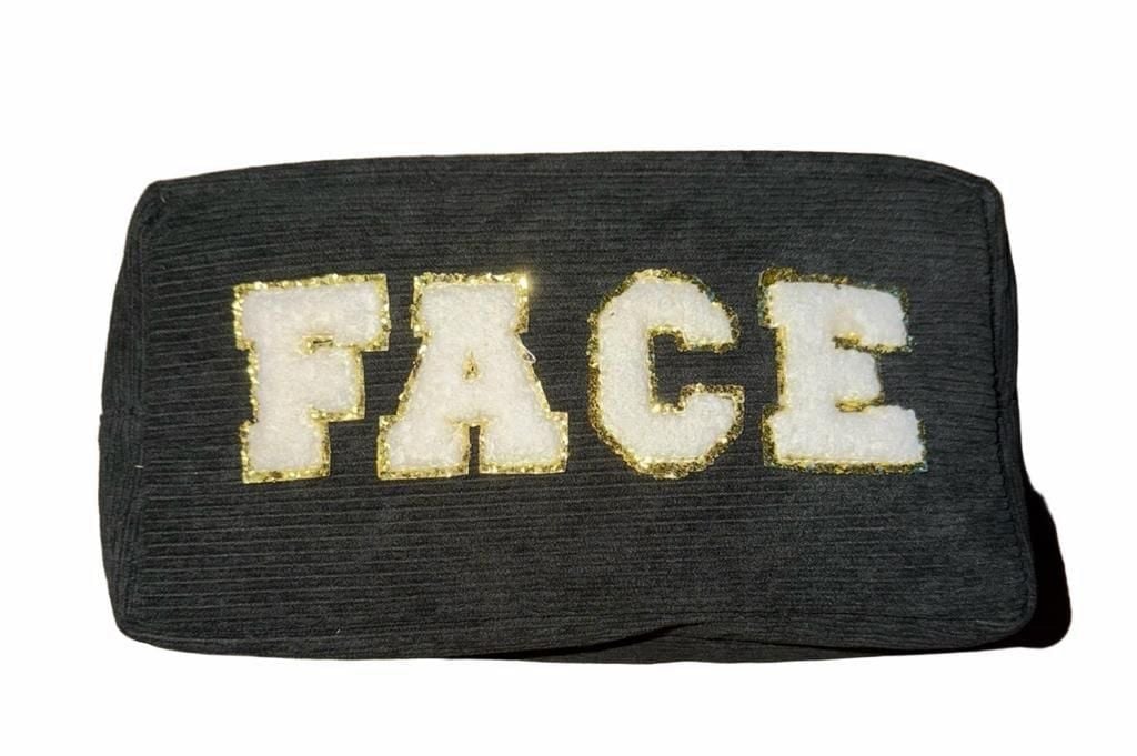 Face Corduroy Makeup Pouch Dark Gray Gold Letters 2