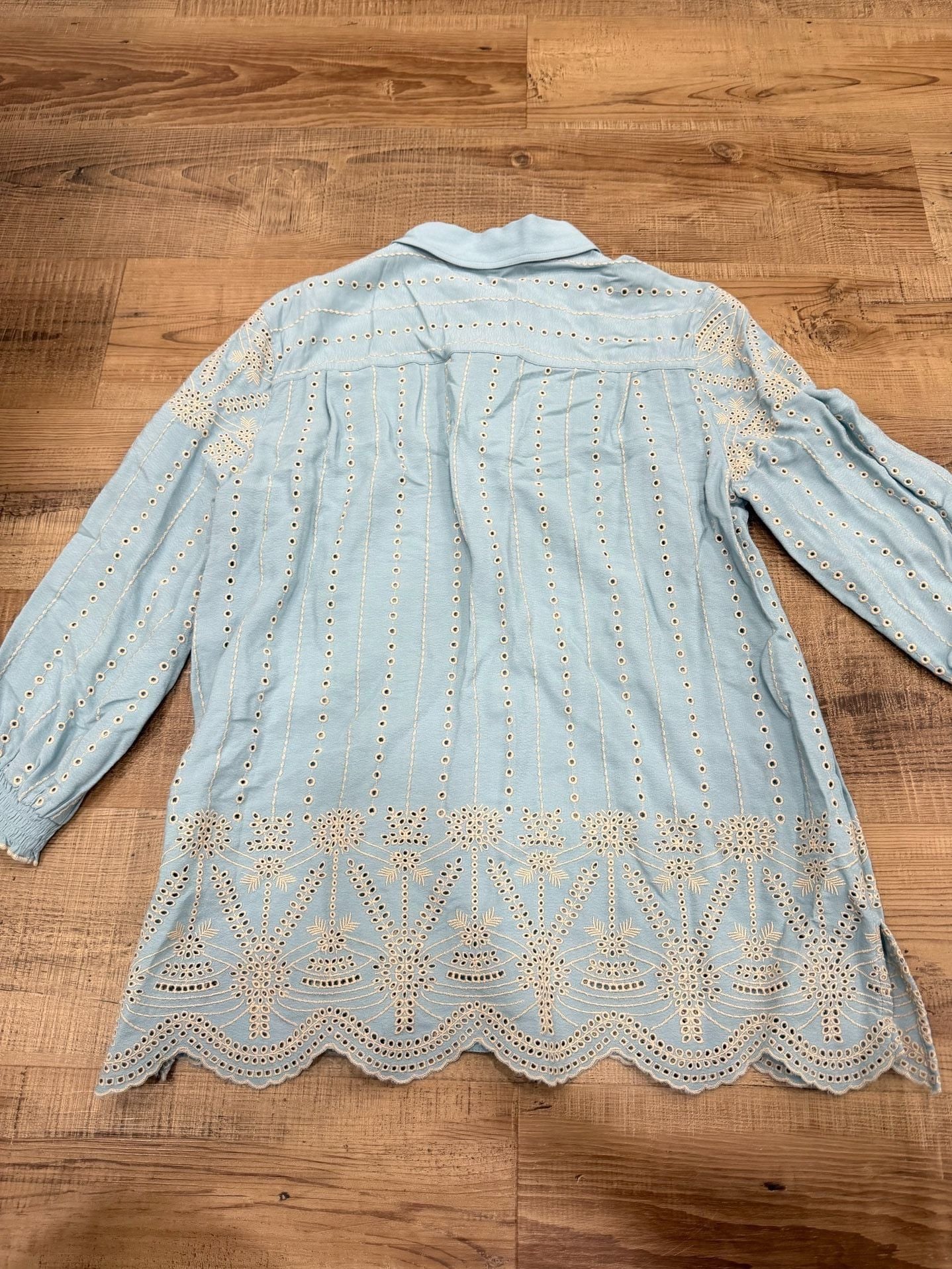 John Mark Button Up Shirt Size L Blue Eyelet Embroidered Long Sleeve NWT $138  7