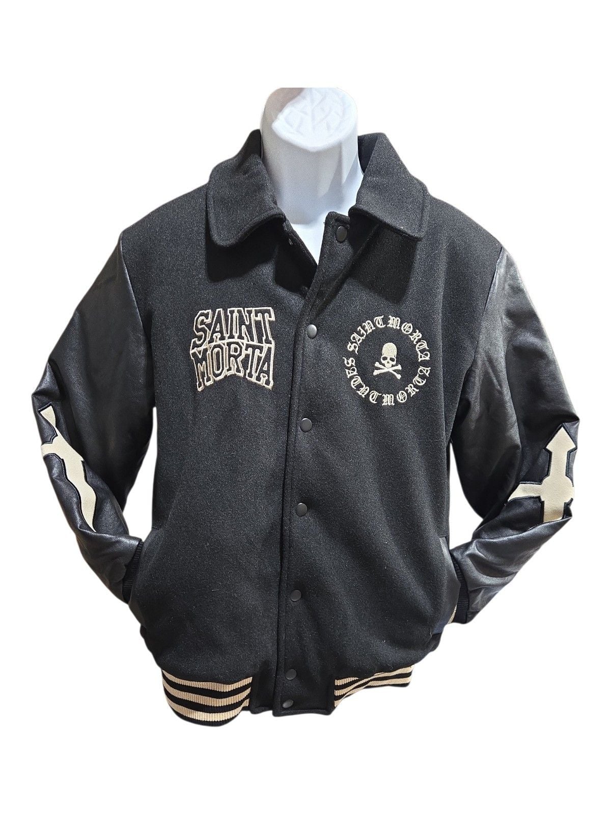 Saint Morta Varsity Jacket Size S Black Wool Leather Skull 2