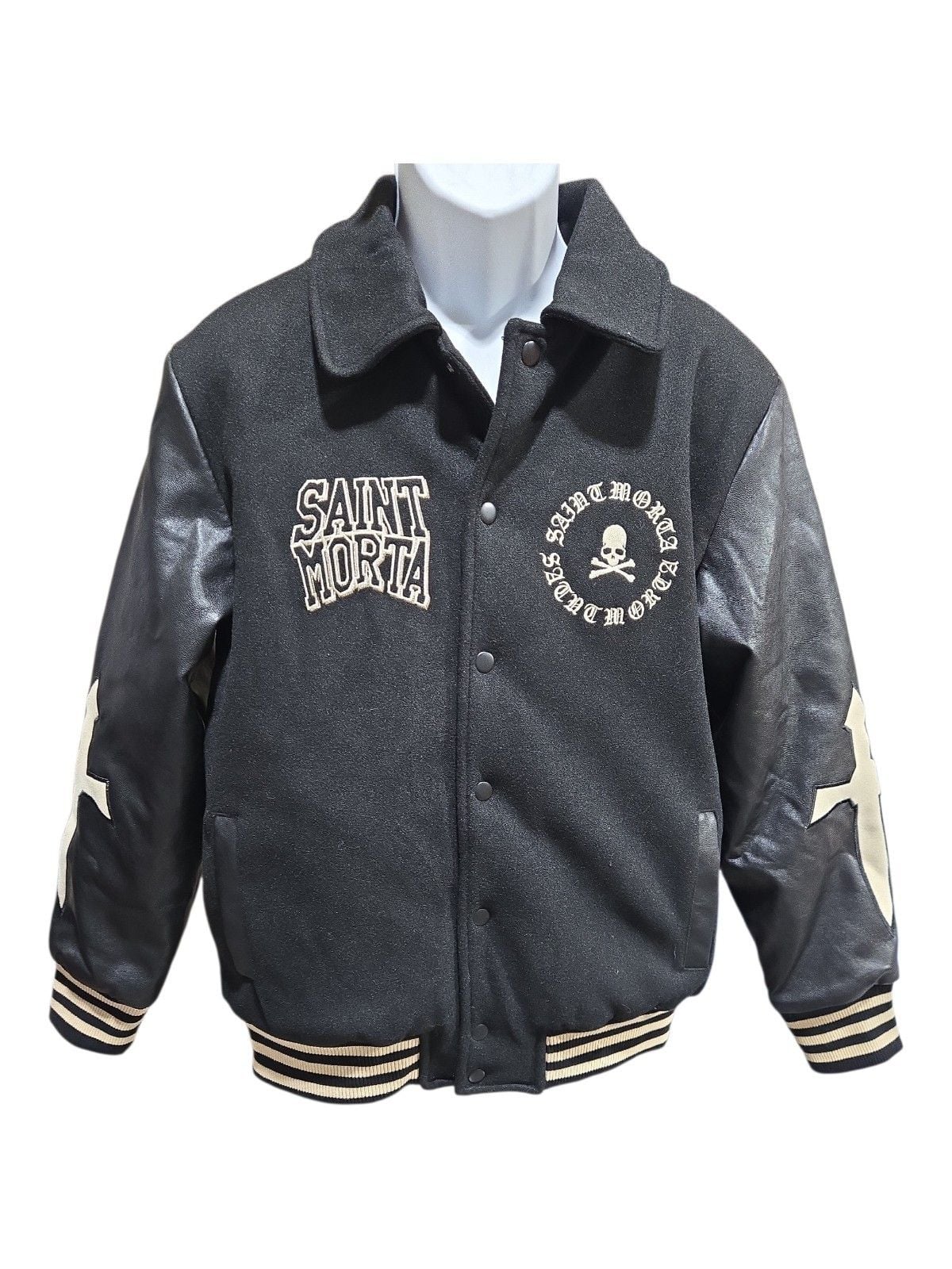 Saint Morta Varsity Jacket Size S Black Wool Leather Skull 3