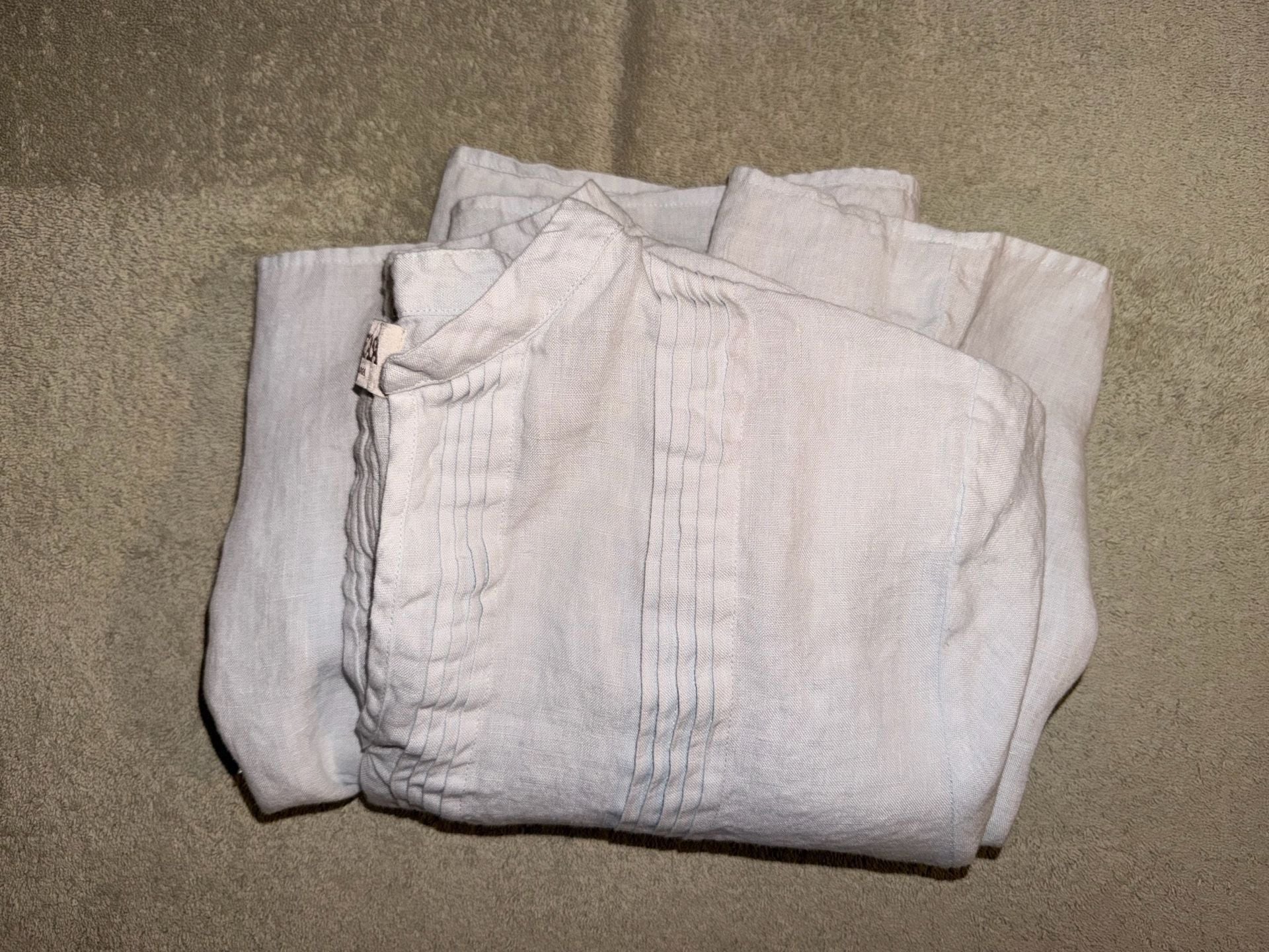 Becasa 100% Linen Tunic Dress Size Large Light Blue Pleated V-Neck 9