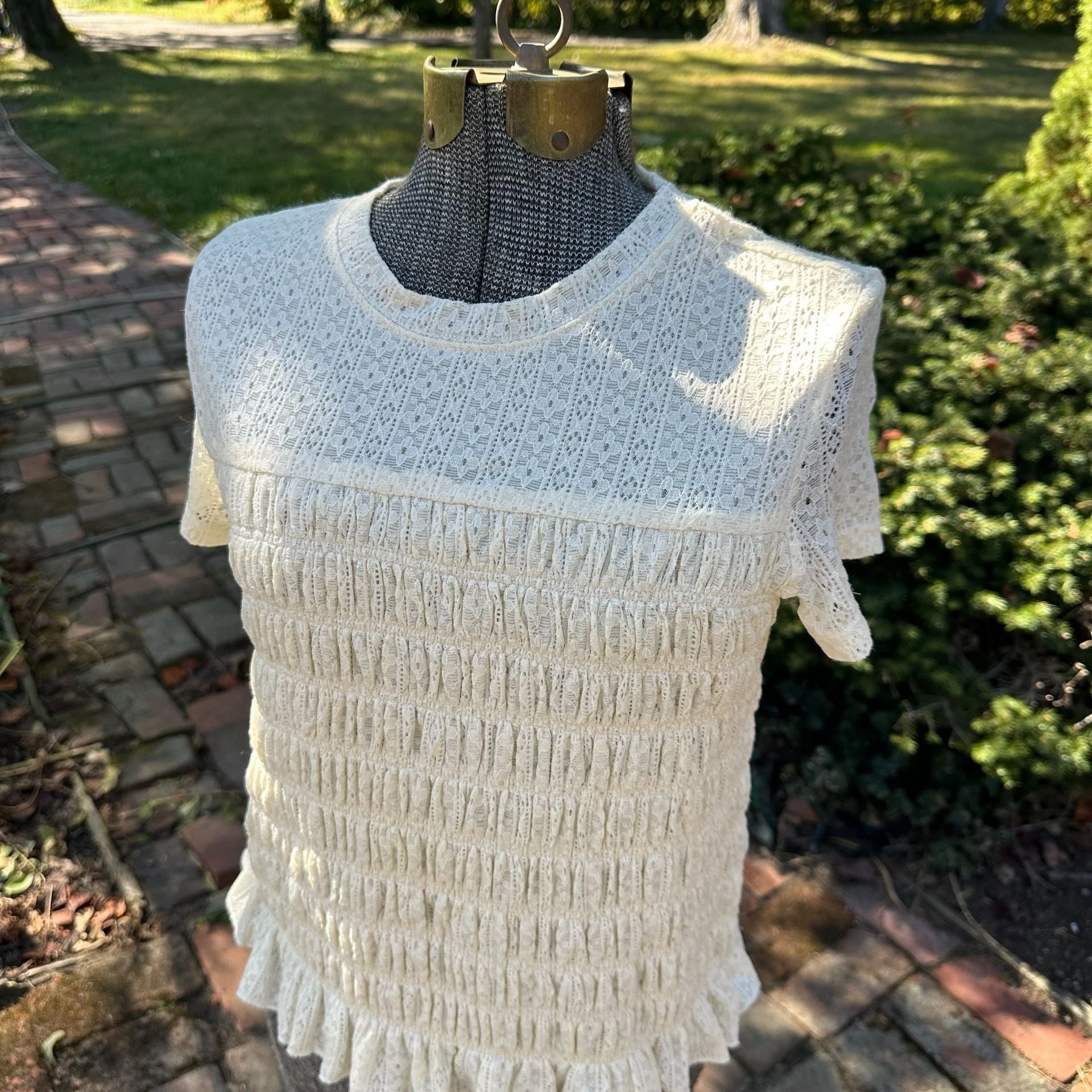 Bohme Lace Top Cream Short Sleeve Smocked Ruffle Cottagecore 3