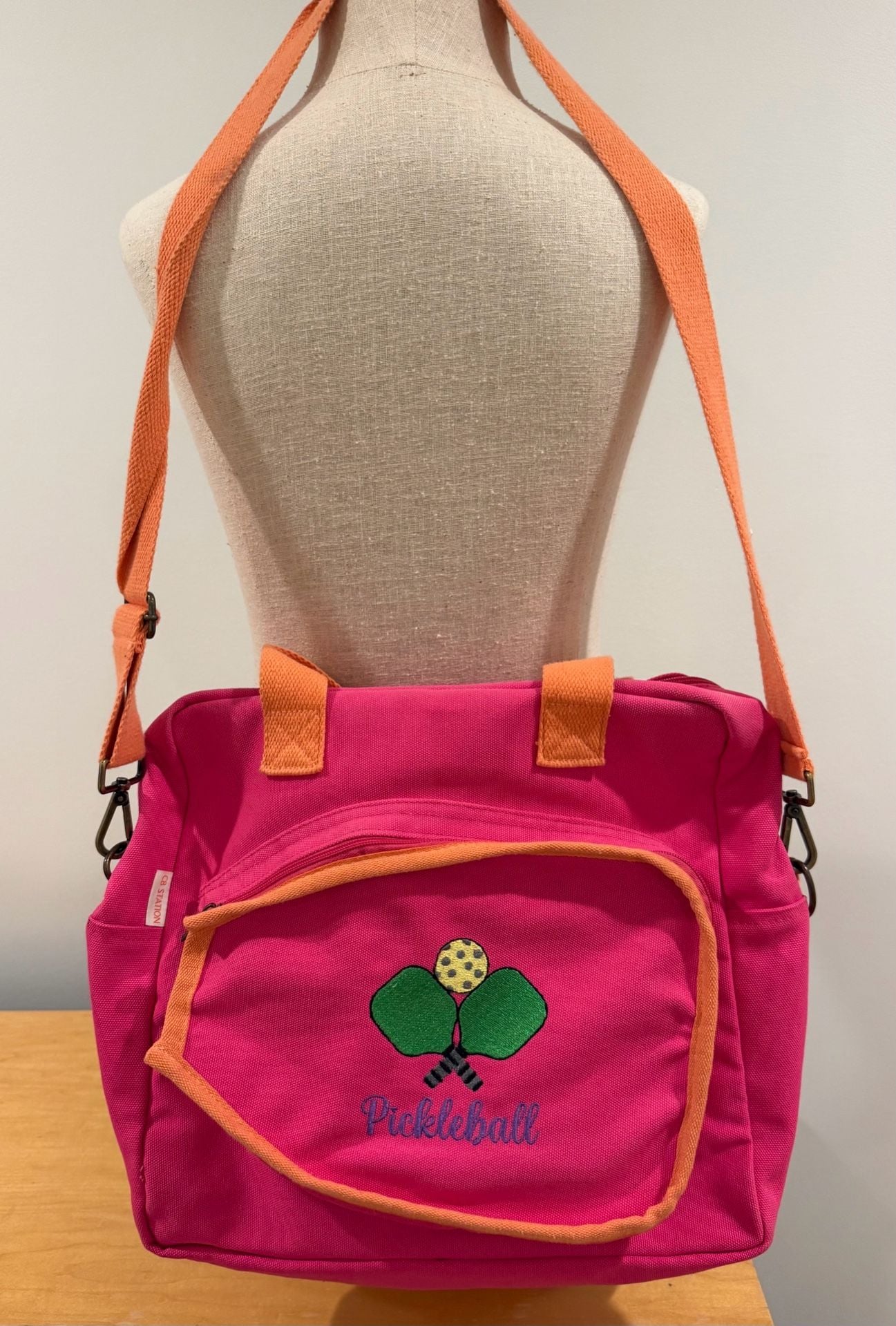 Cloquette Cb Station Pickleball Canvas Tote Bag Pink Orange Embroidered Paddles 3