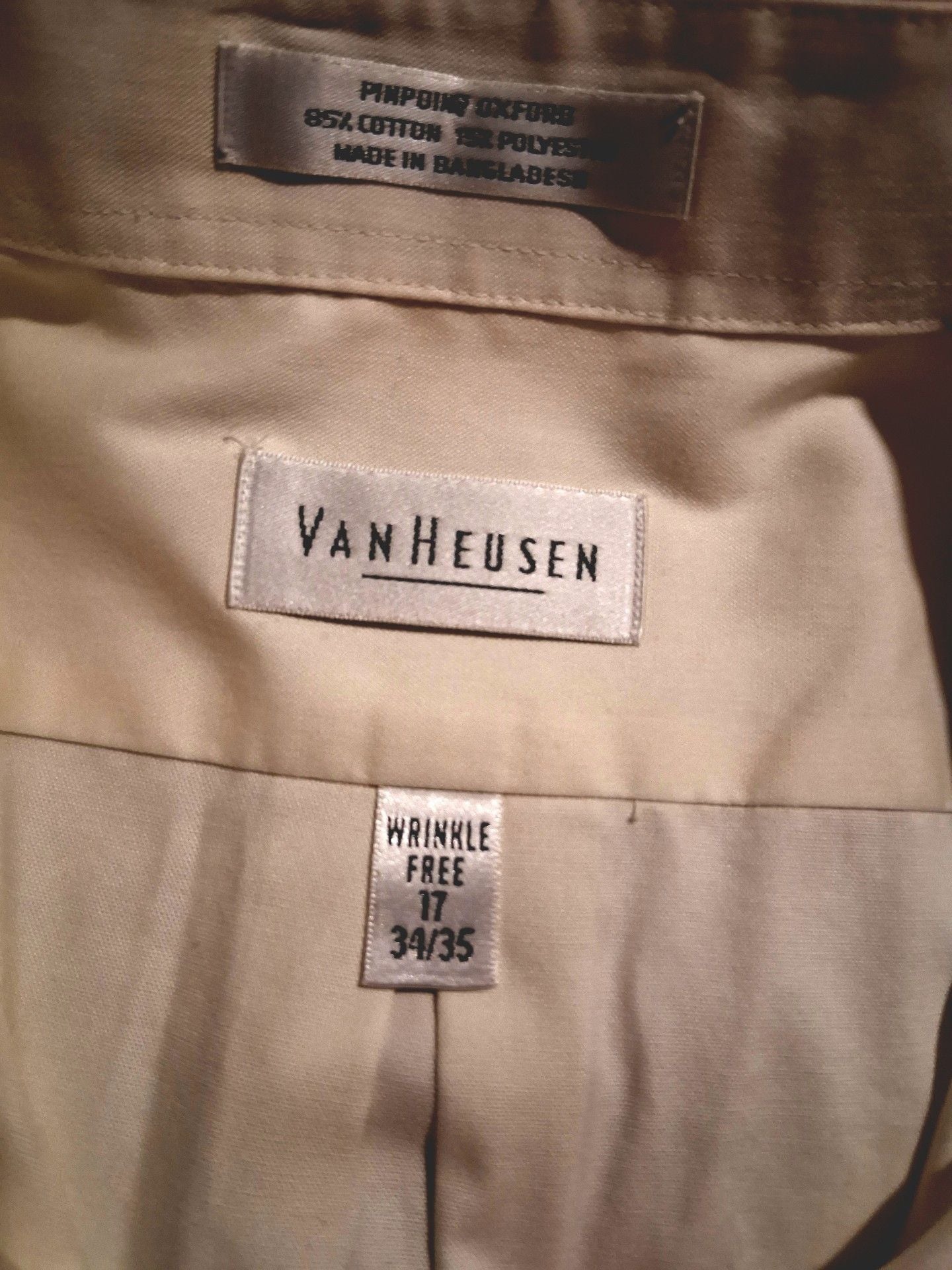 Van Heusen Pinpoint Oxford Shirt Size 17 34/35 Tan Long Sleeve Wrinkle Free 4