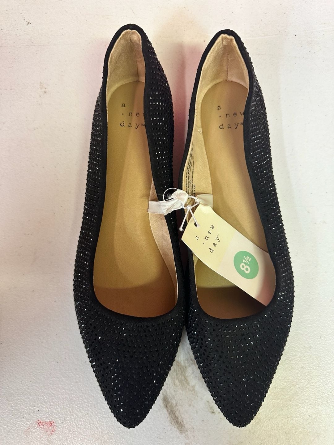 A New Day Pointed Toe Ballet Flat Size 8.5 Black Rhinestone Embellished 8