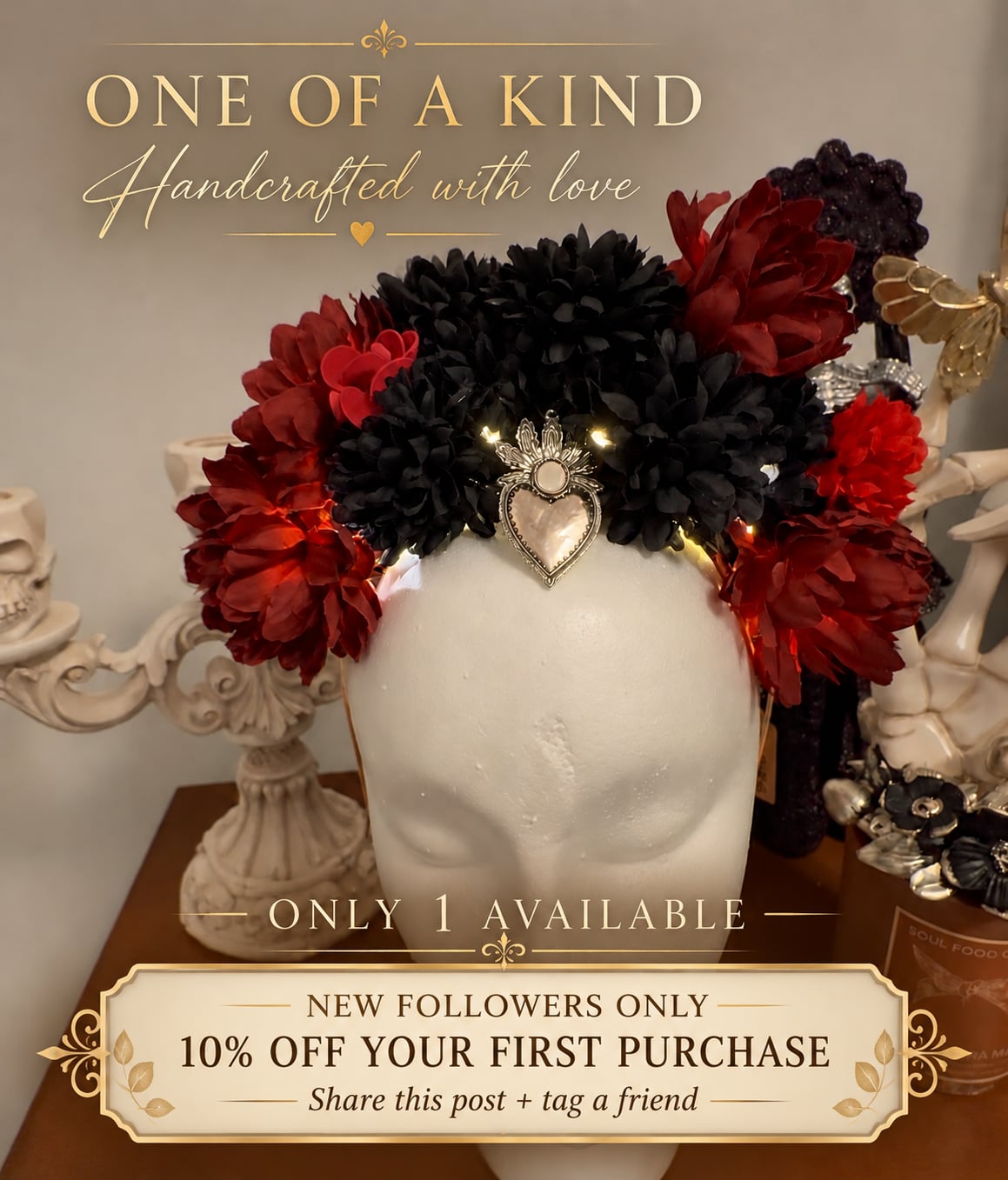 Handmade catrina día de los muertos and Red Flower Crown Heart Headpiece Halloween 1