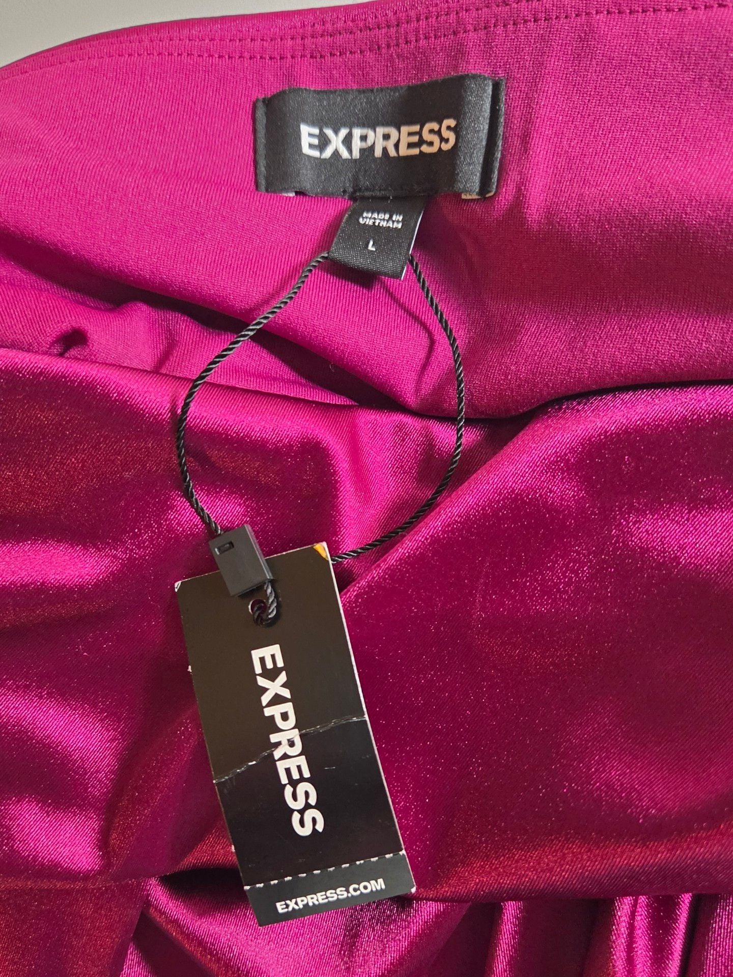 Express Ruched Midi Strapless Dress Size L Magenta Satin 4