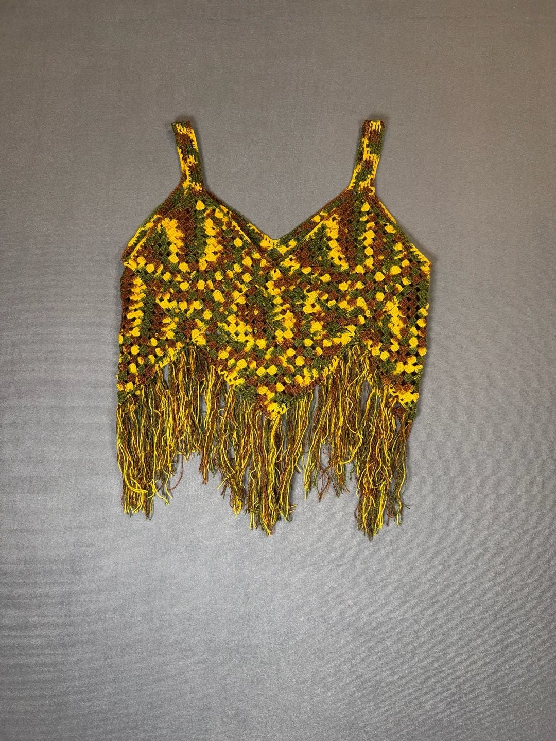 Y2K Boho Crochet Fringe Crop Top Brown Green Yellow Festival Cami 2