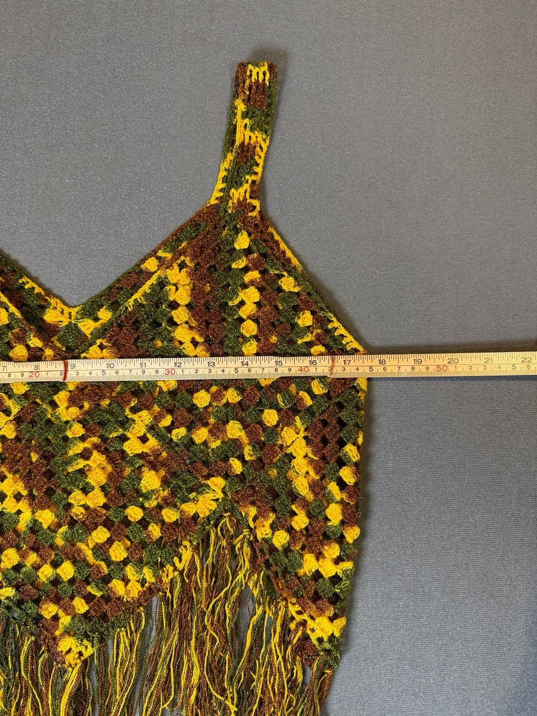 Y2K Boho Crochet Fringe Crop Top Brown Green Yellow Festival Cami 3