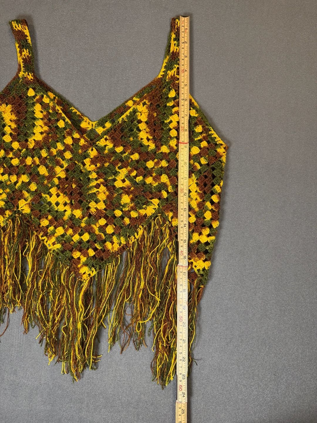 Y2K Boho Crochet Fringe Crop Top Brown Green Yellow Festival Cami 4