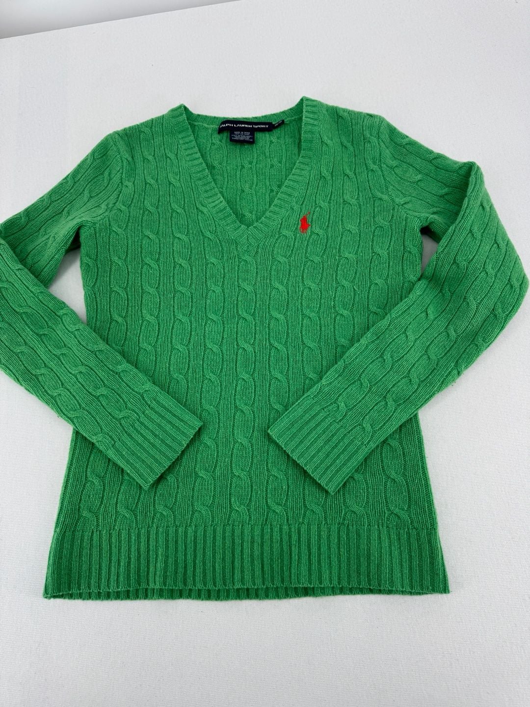 Ralph Lauren Sport Cable Knit V-Neck Sweater Size XS Green Merino Wool 9