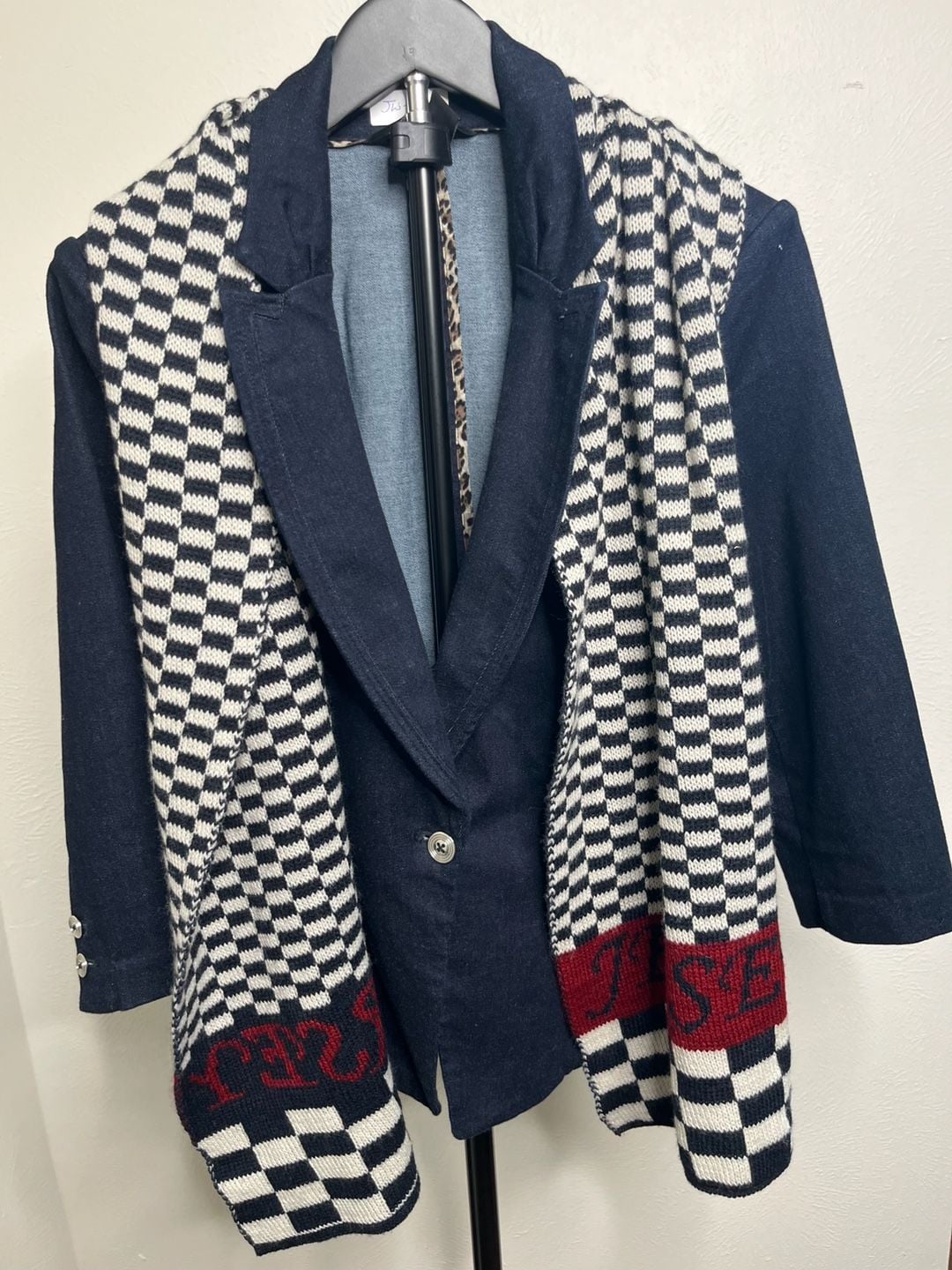 Checkered Scarf Black White Red Knit 3