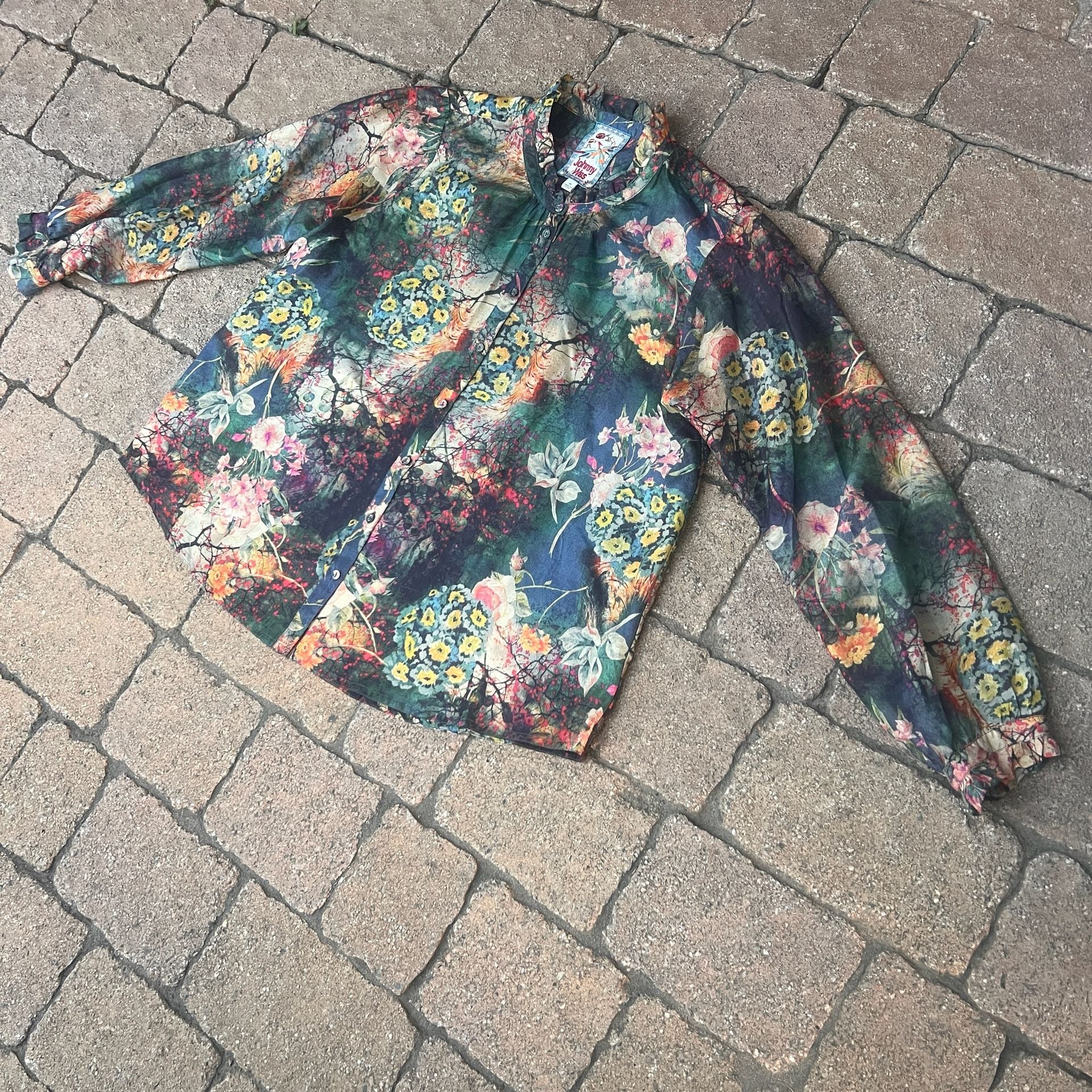 Johnny Was Traviata Leda Silk Button-Down Blouse Size Medium Floral Ruffle 11