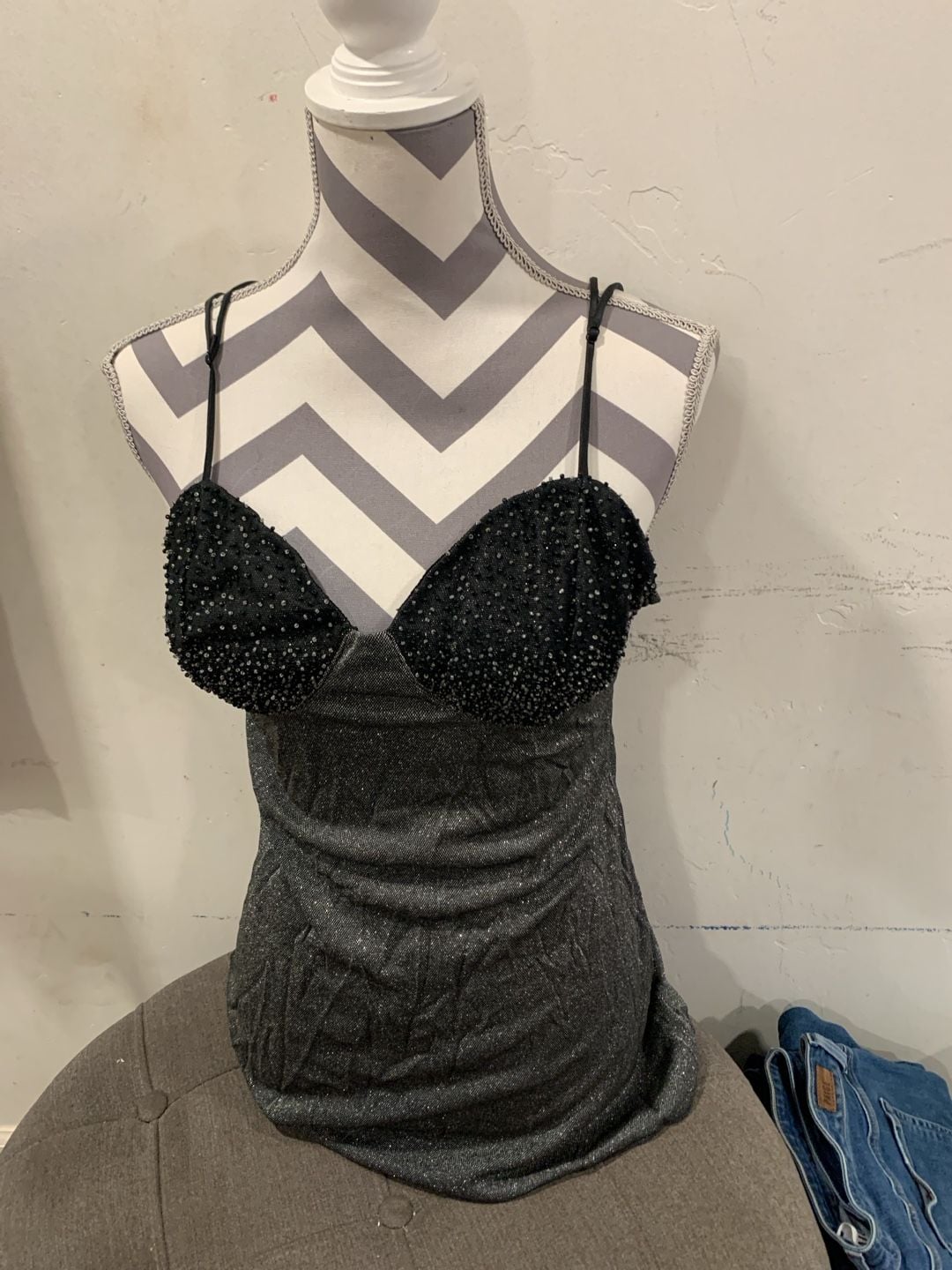 Y2k Metallic Beaded Cami Top Silver Black Sparkle Party Clubwear 3