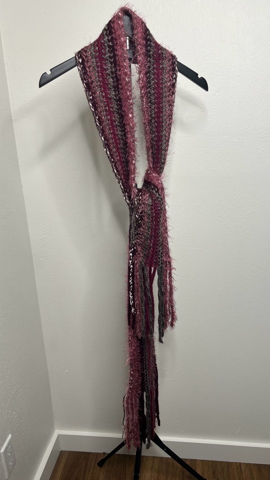 Y2K Knitted Striped Fringe Scarf Pink Burgundy 1