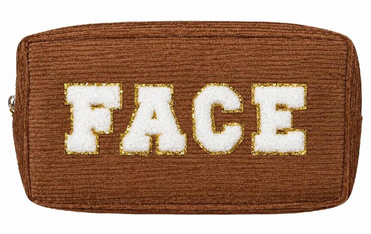 Face Corduroy Makeup Pouch Brown Gold Letters 2
