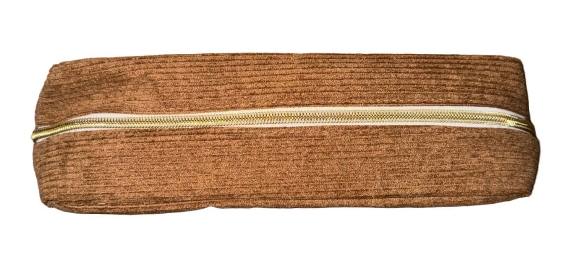 Face Corduroy Makeup Pouch Brown Gold Letters 3